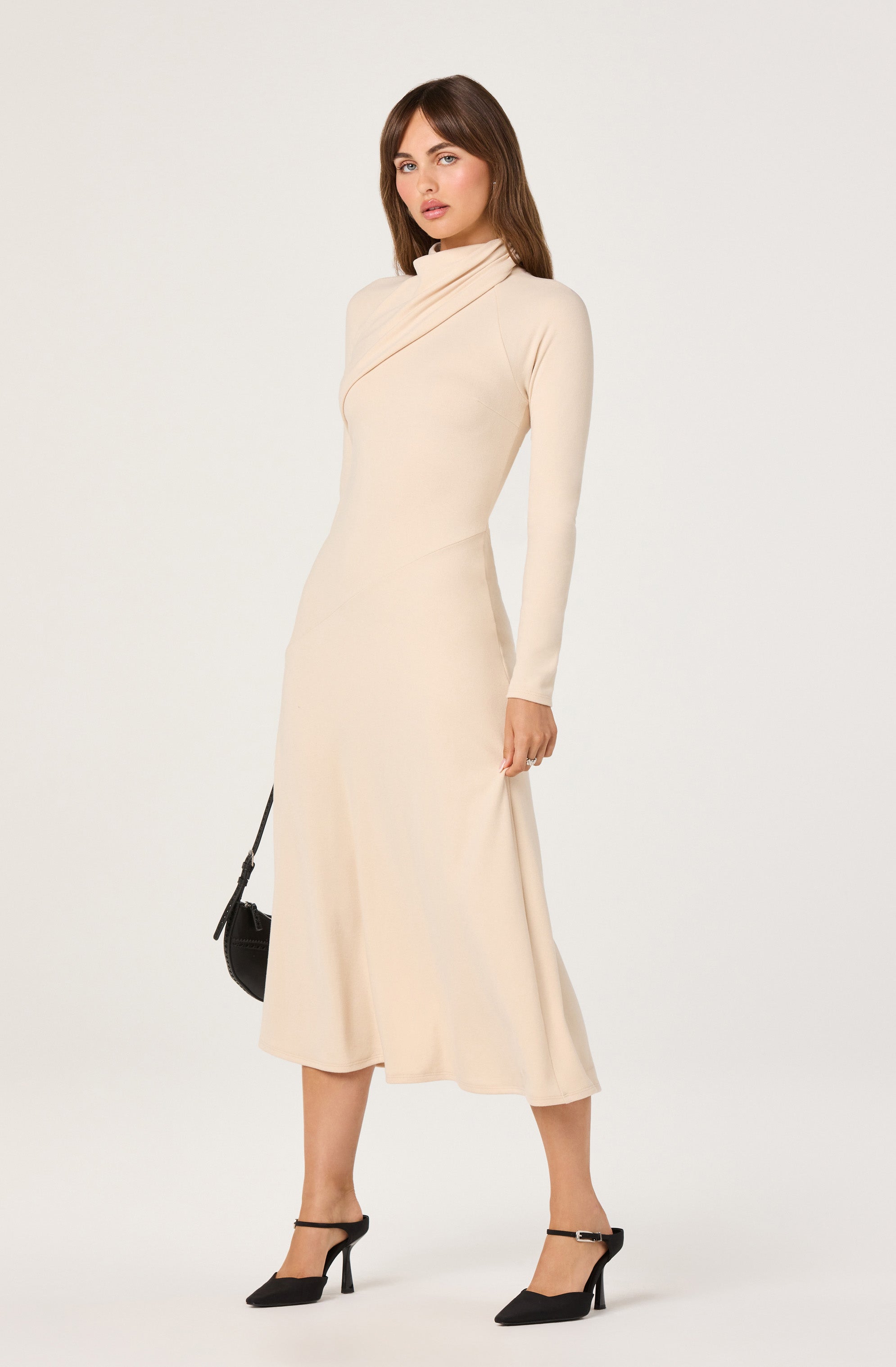 Asymmetric Draped Mock Neck Midi Dress
