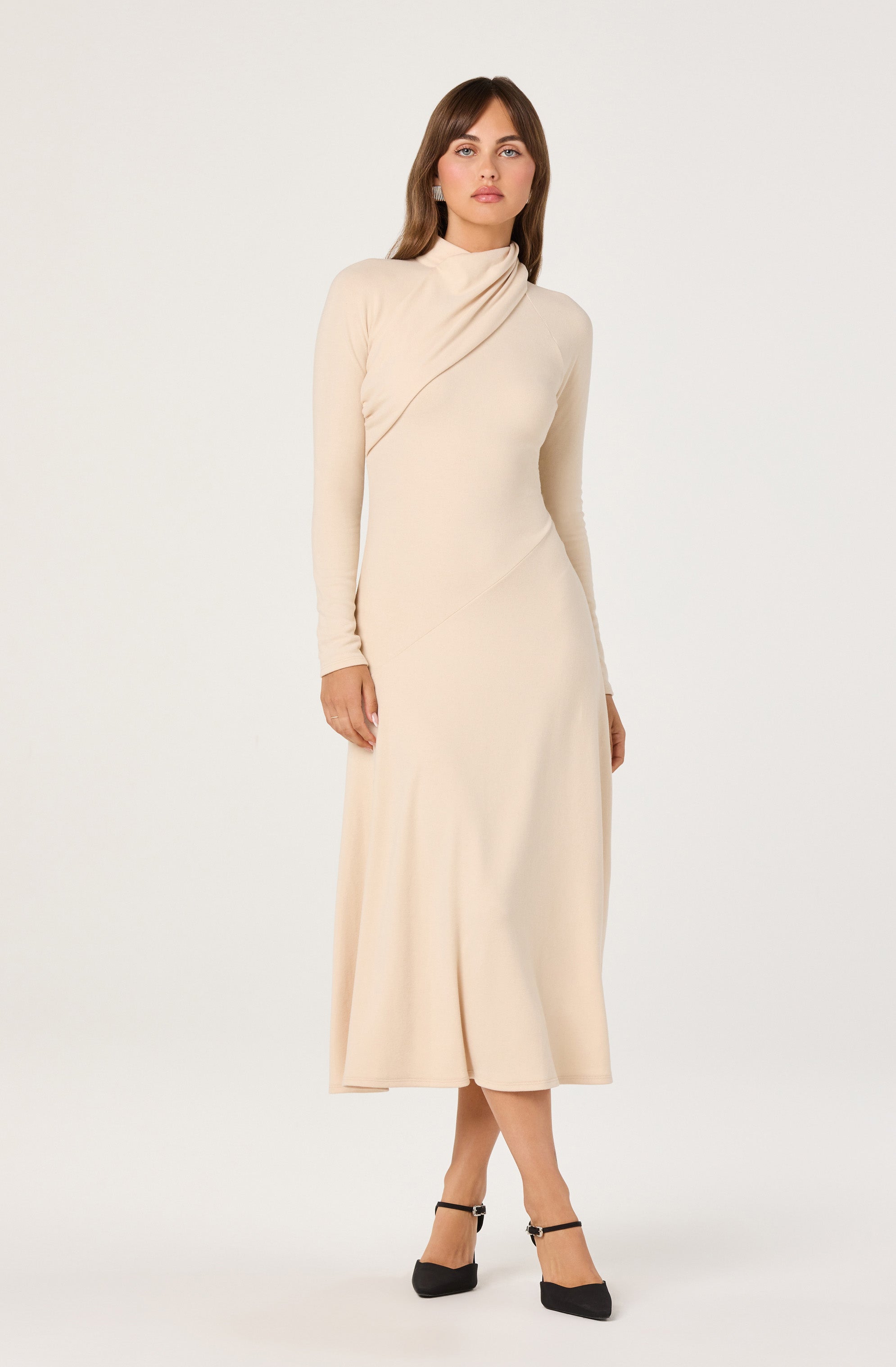 Asymmetric Draped Mock Neck Midi Dress