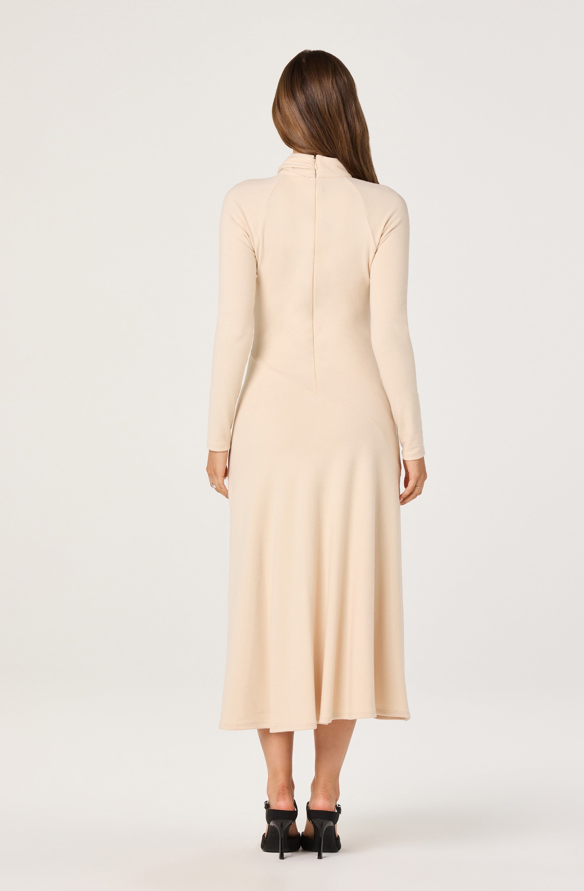 Asymmetric Draped Mock Neck Midi Dress