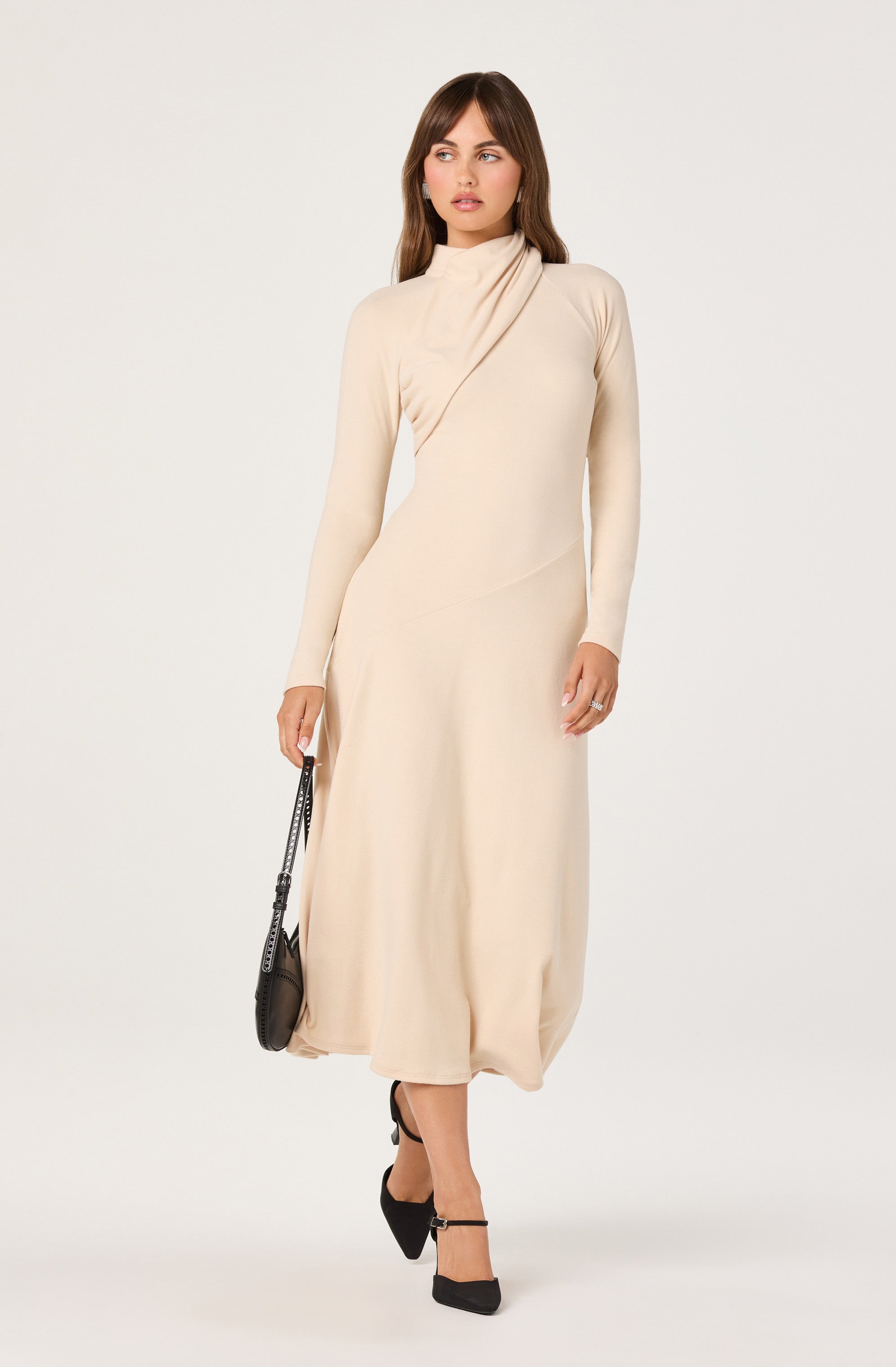 Asymmetric Draped Mock Neck Midi Dress