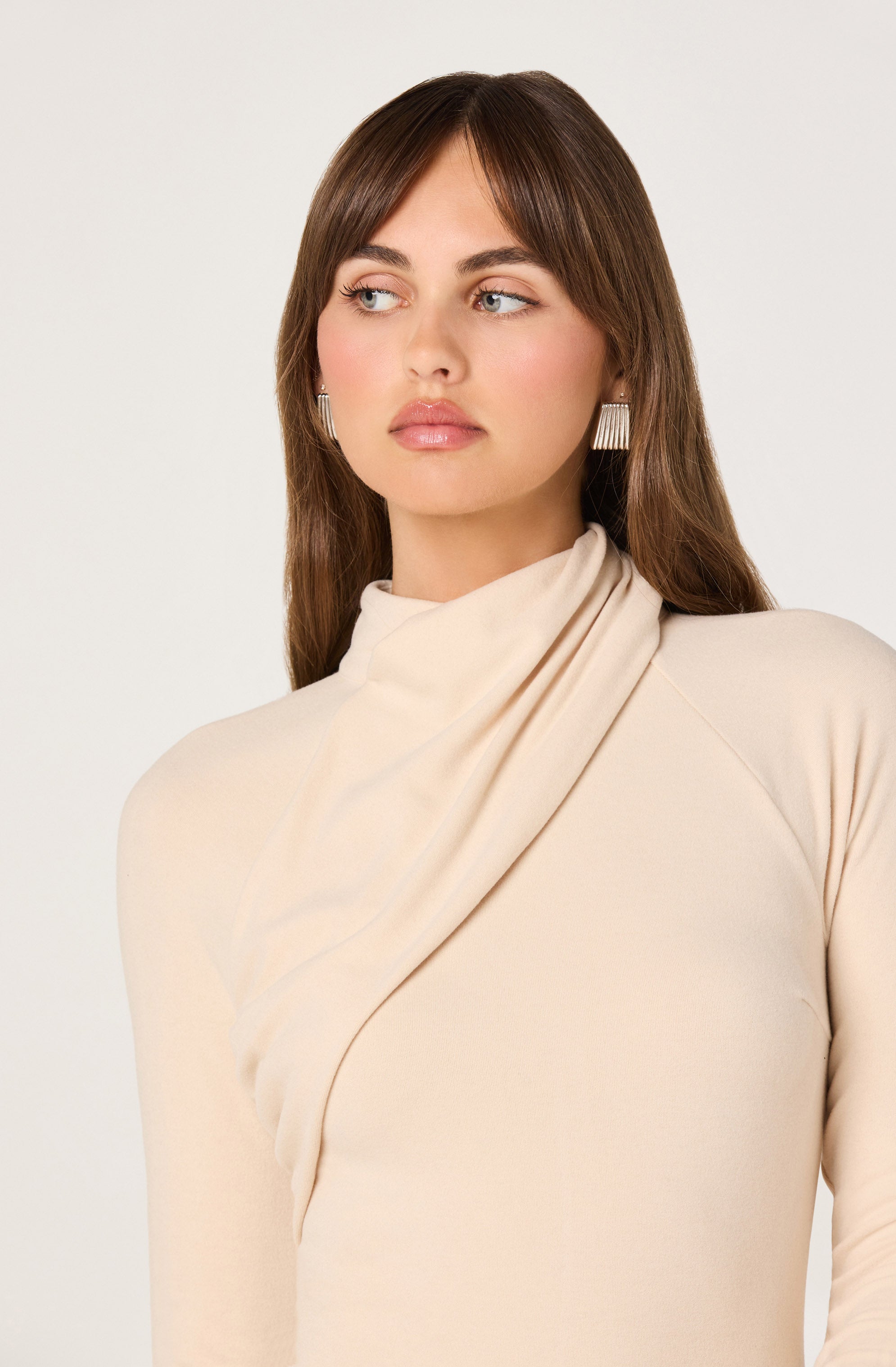 Asymmetric Draped Mock Neck Midi Dress