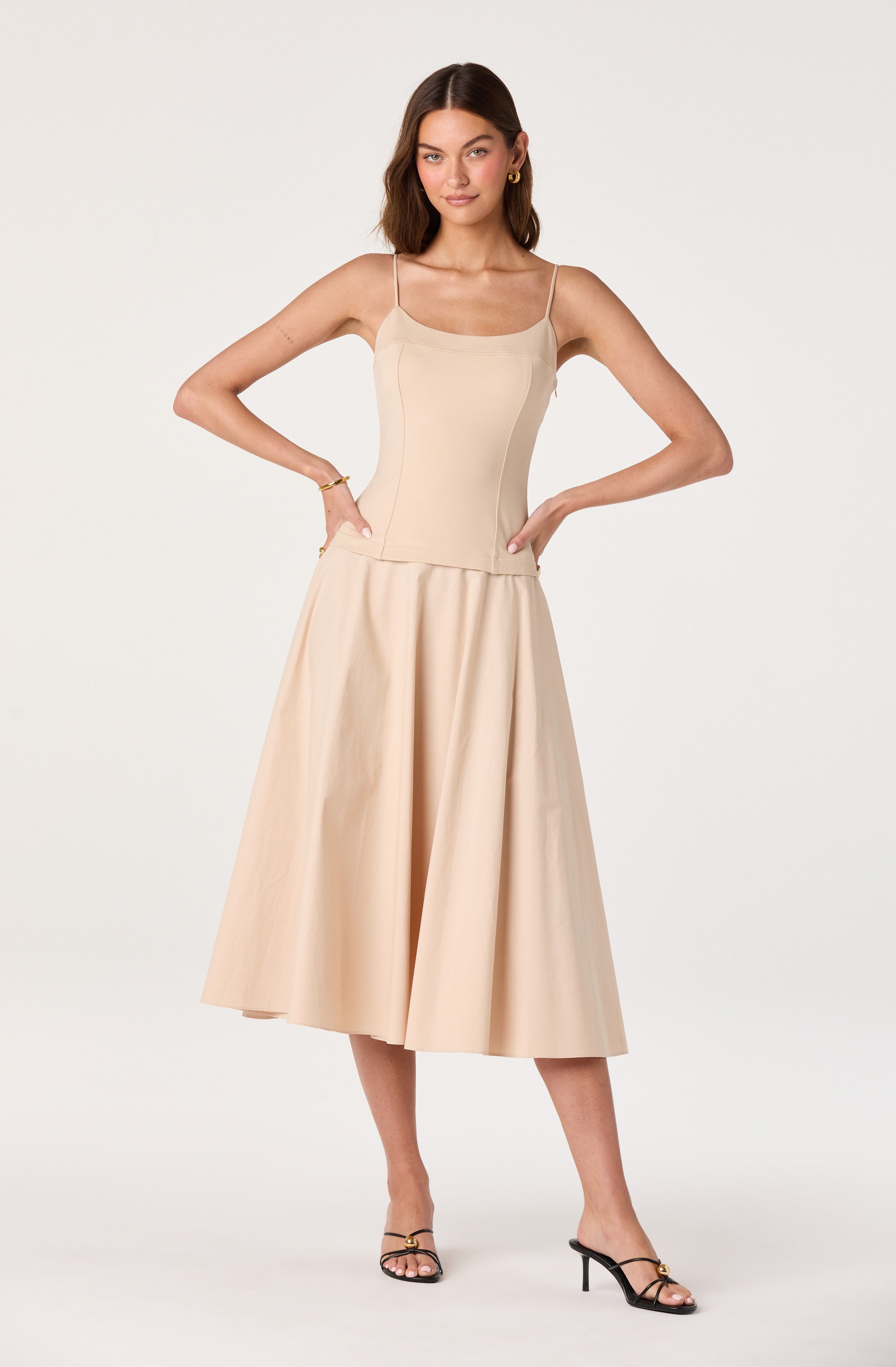 Cierra Mixed Media Drop Waist Midi Dress