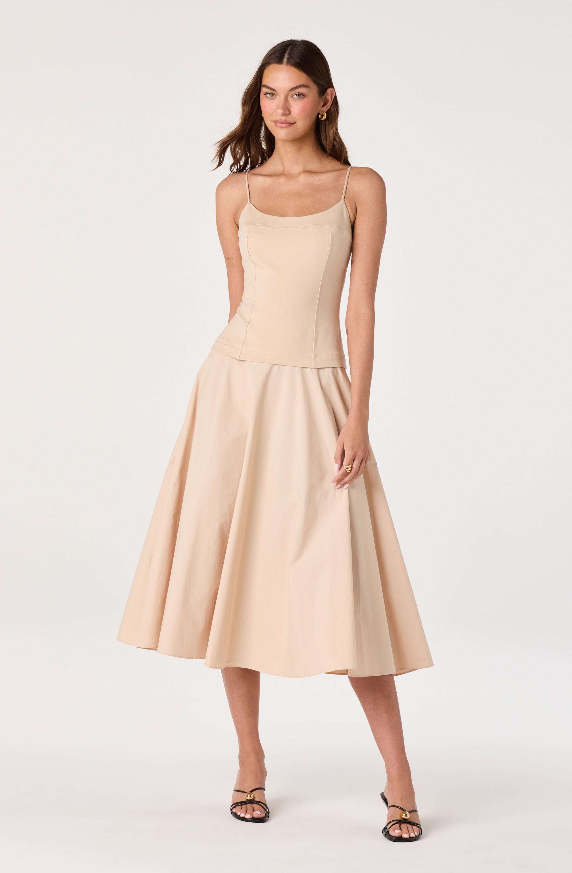 Cierra Mixed Media Drop Waist Midi Dress