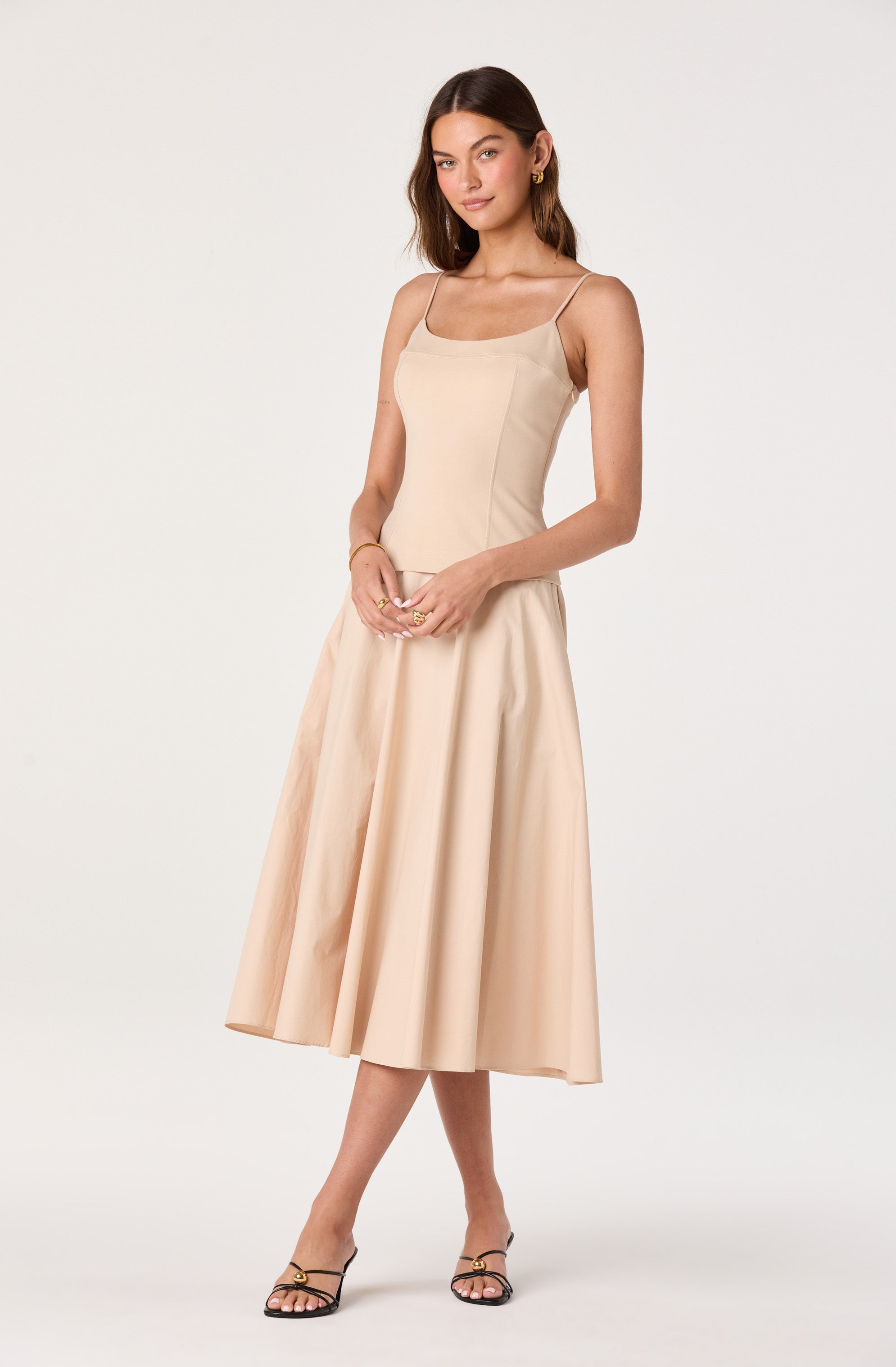 Cierra Mixed Media Drop Waist Midi Dress
