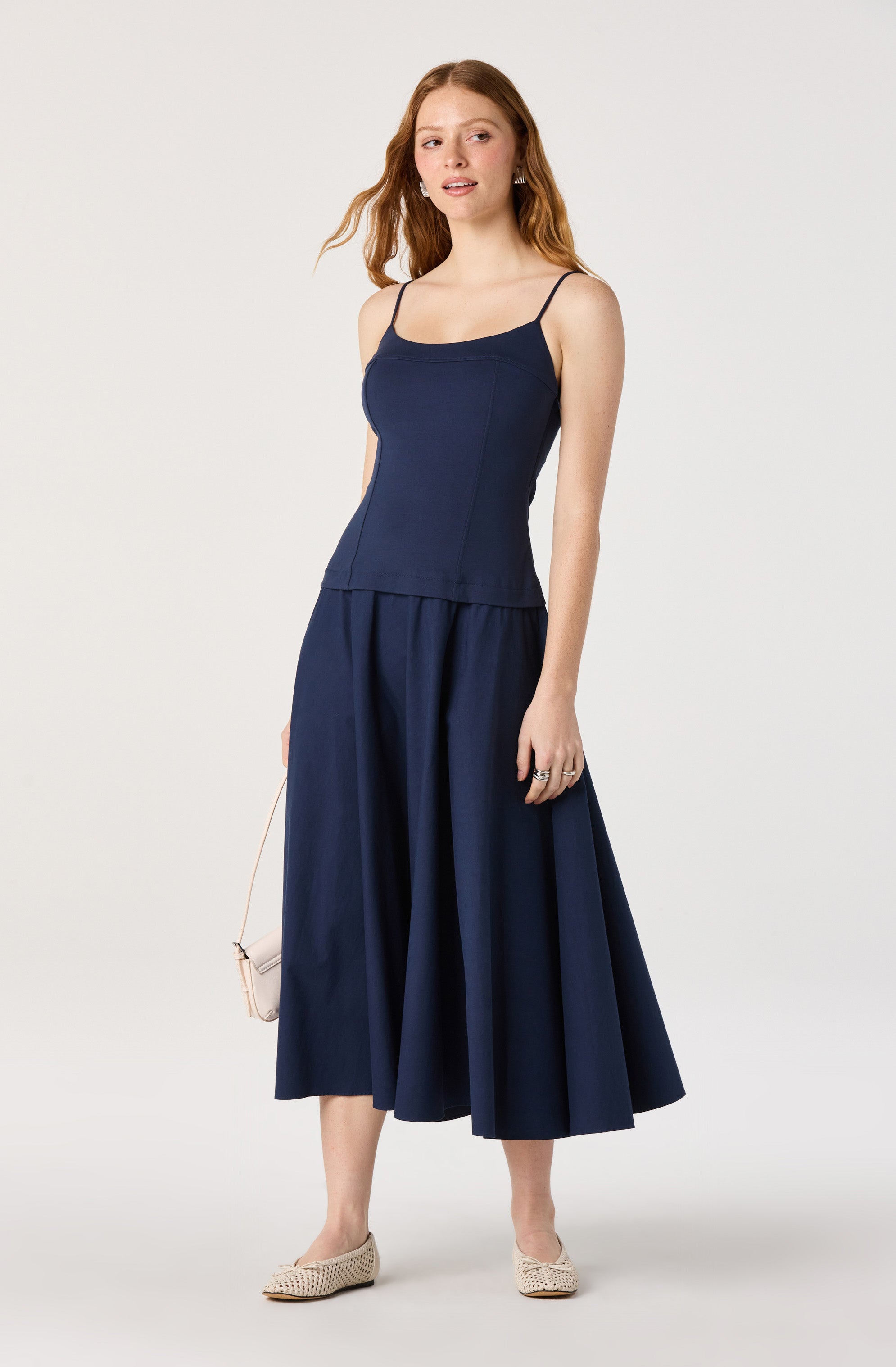 Cierra Mixed Media Drop Waist Midi Dress