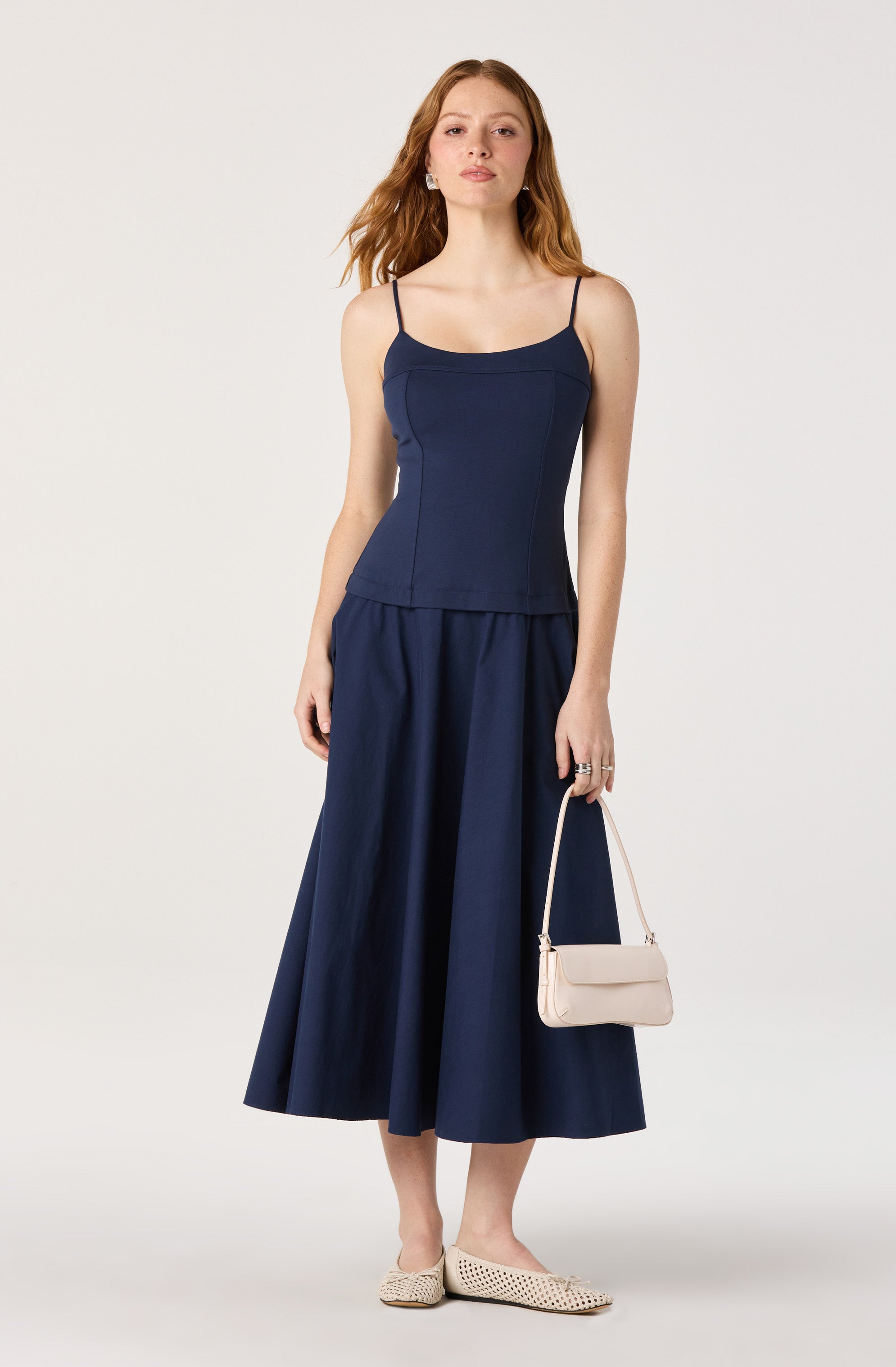 Cierra Mixed Media Drop Waist Midi Dress