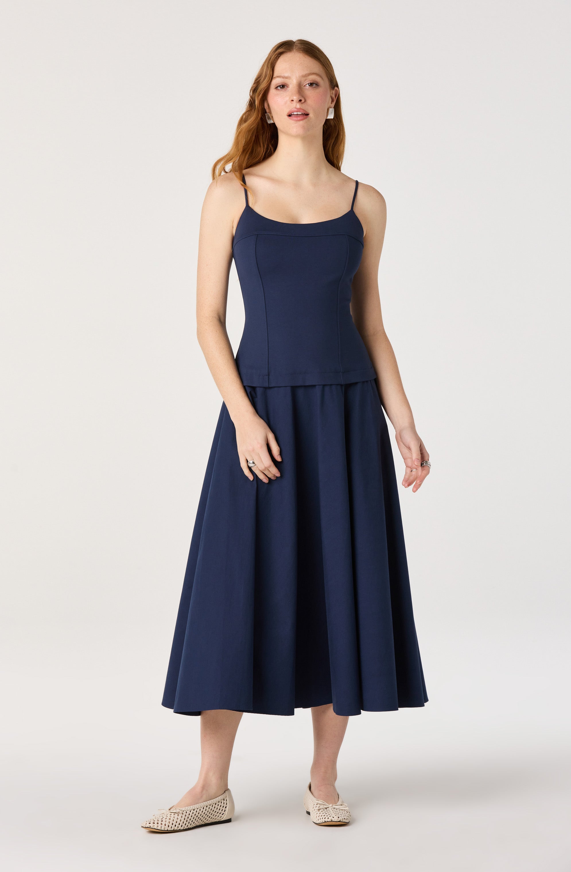 Cierra Mixed Media Drop Waist Midi Dress