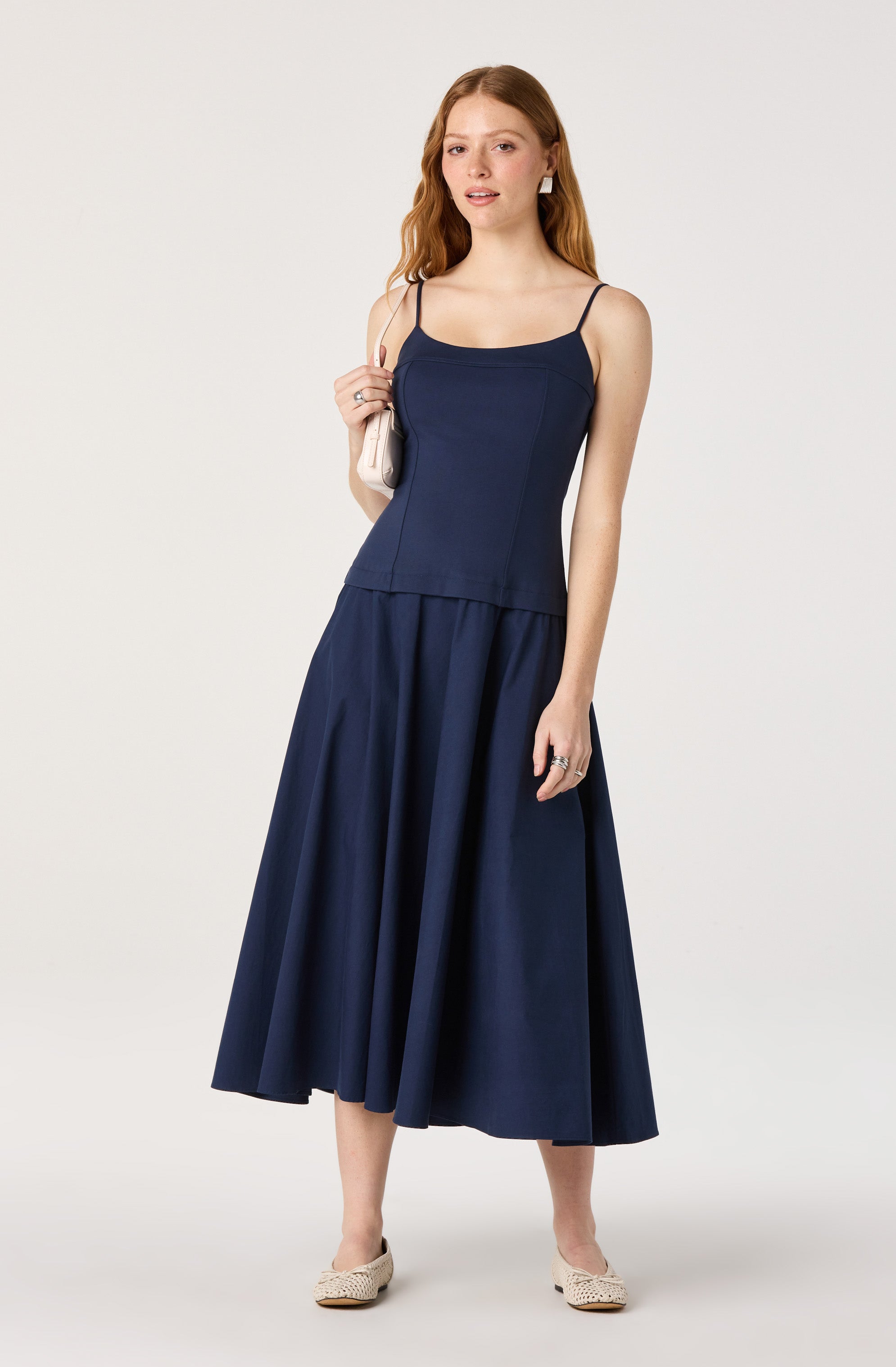 Cierra Mixed Media Drop Waist Midi Dress