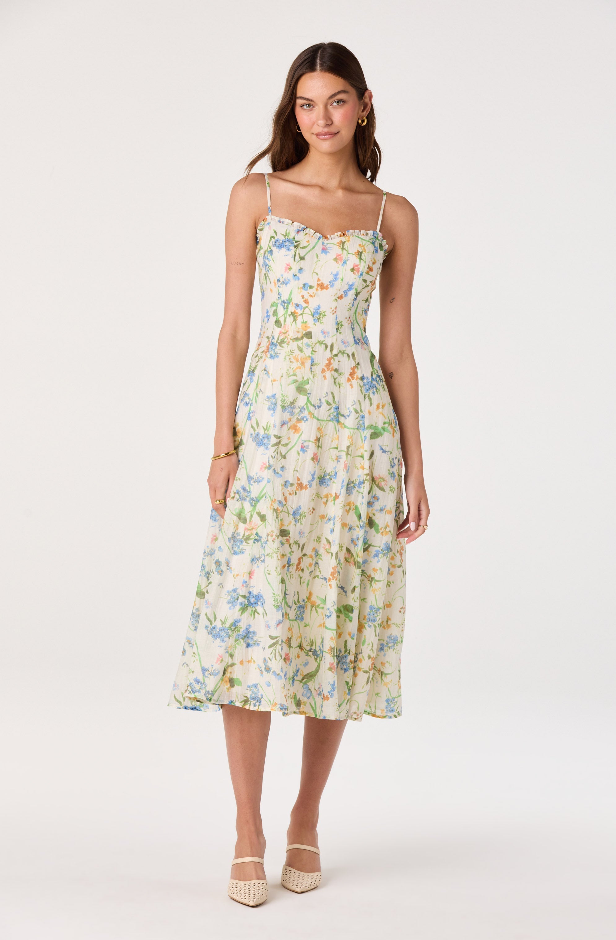 Jaylynn Ruffle Sweetheart Linen Midi Dress