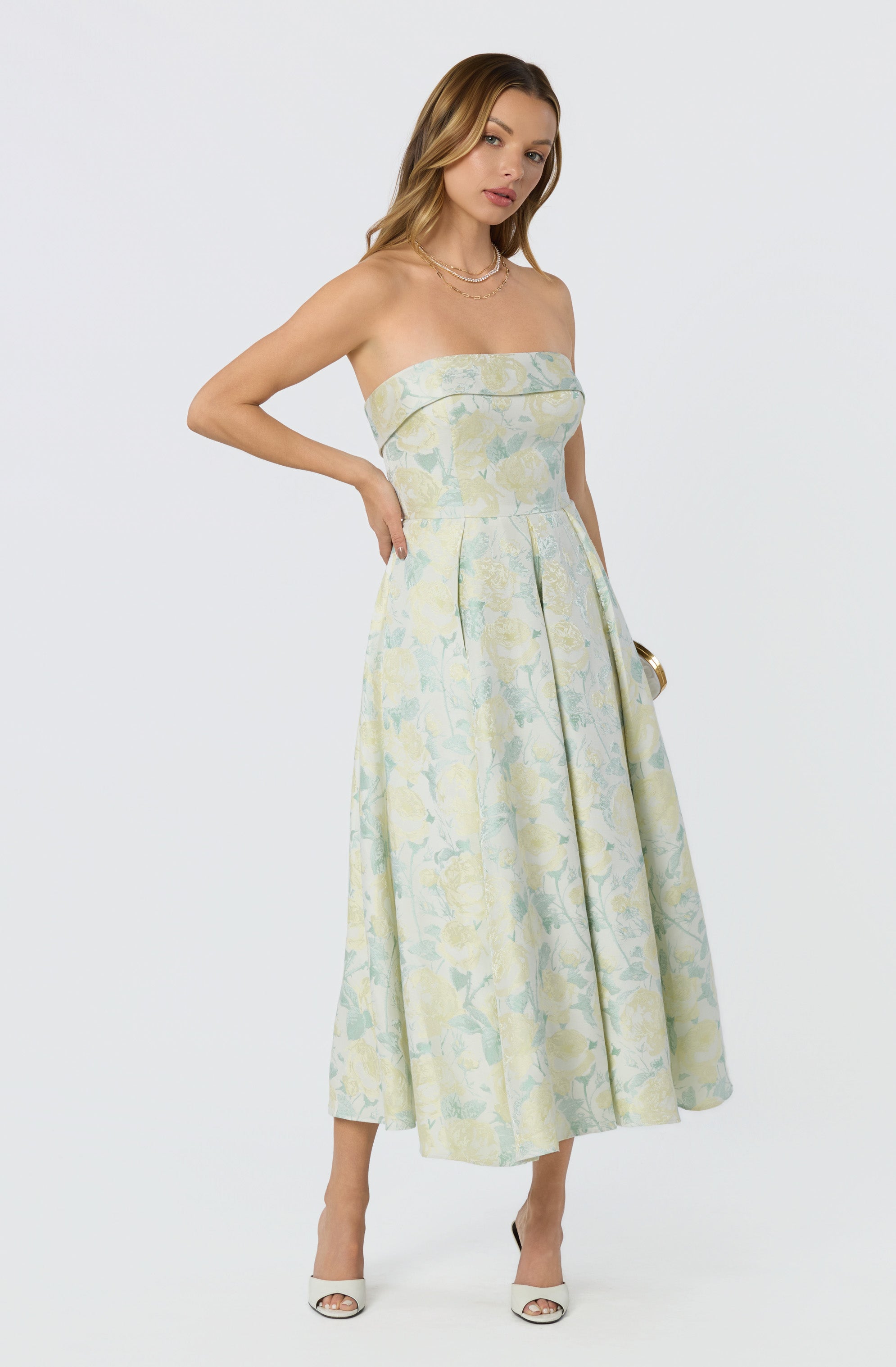Destini Floral Jacquard Strapless Midi Dress