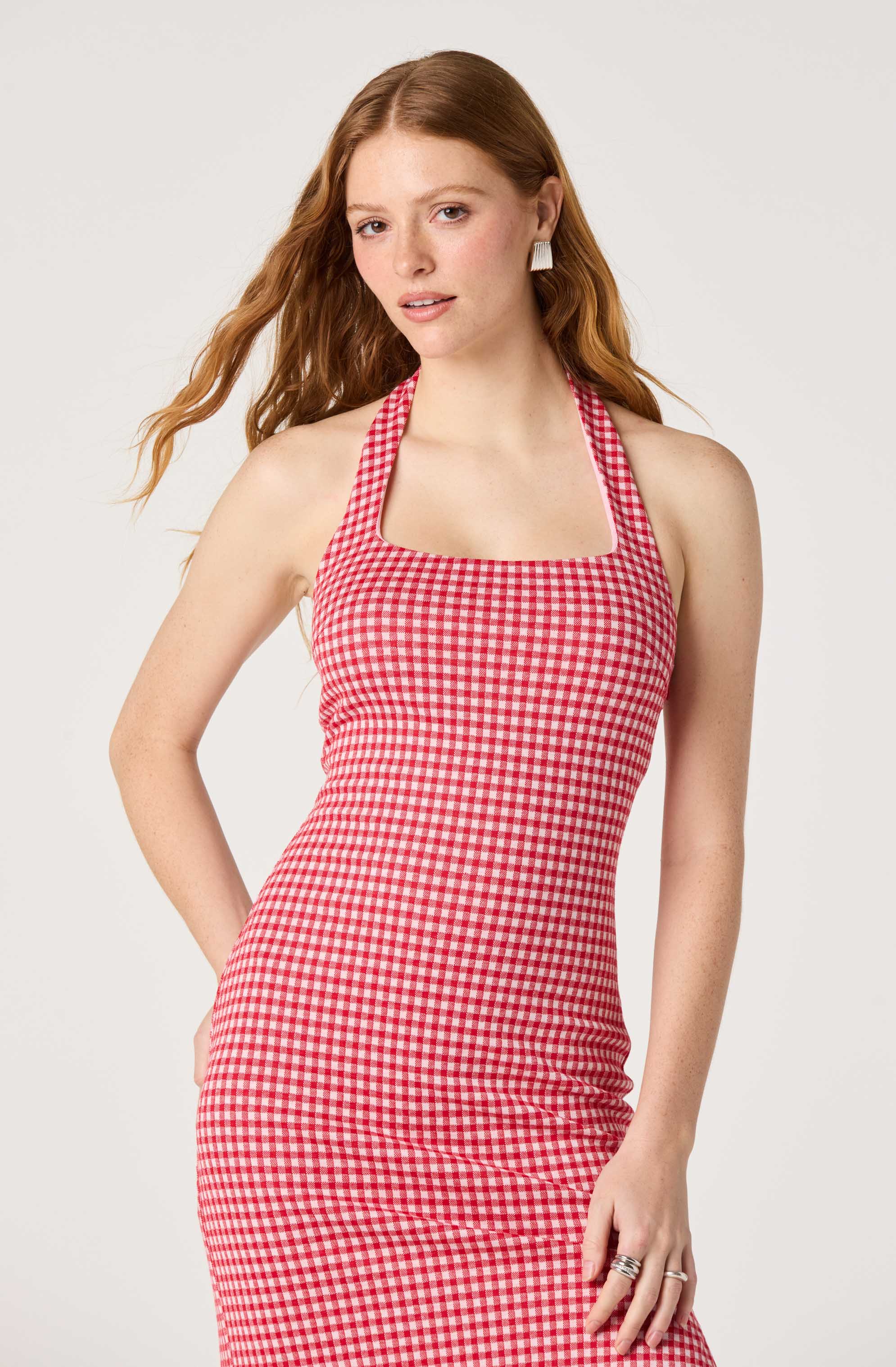 Alice Halter Gingham Fitted Midi Dress