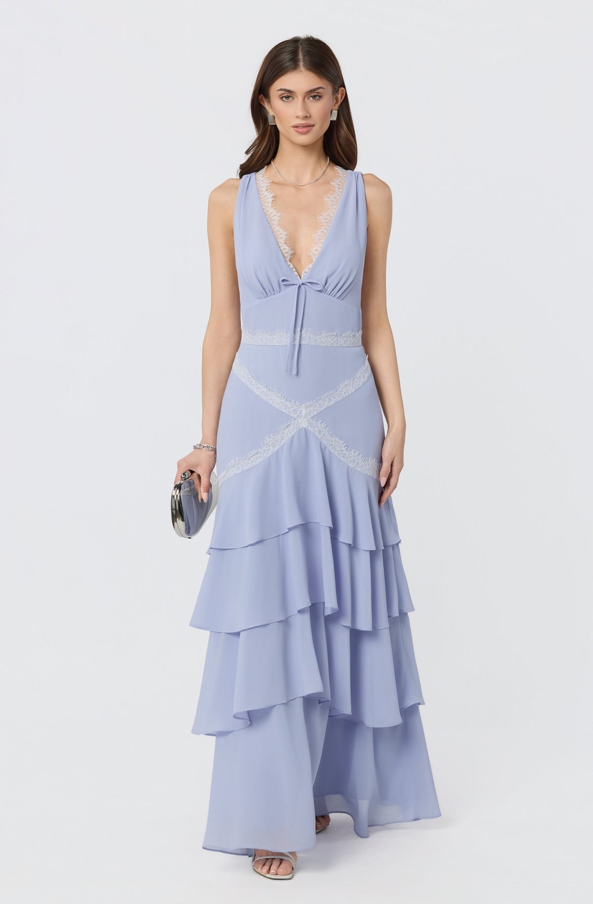 Evelyn Lace Trim Tiered Ruffle Maxi Dress