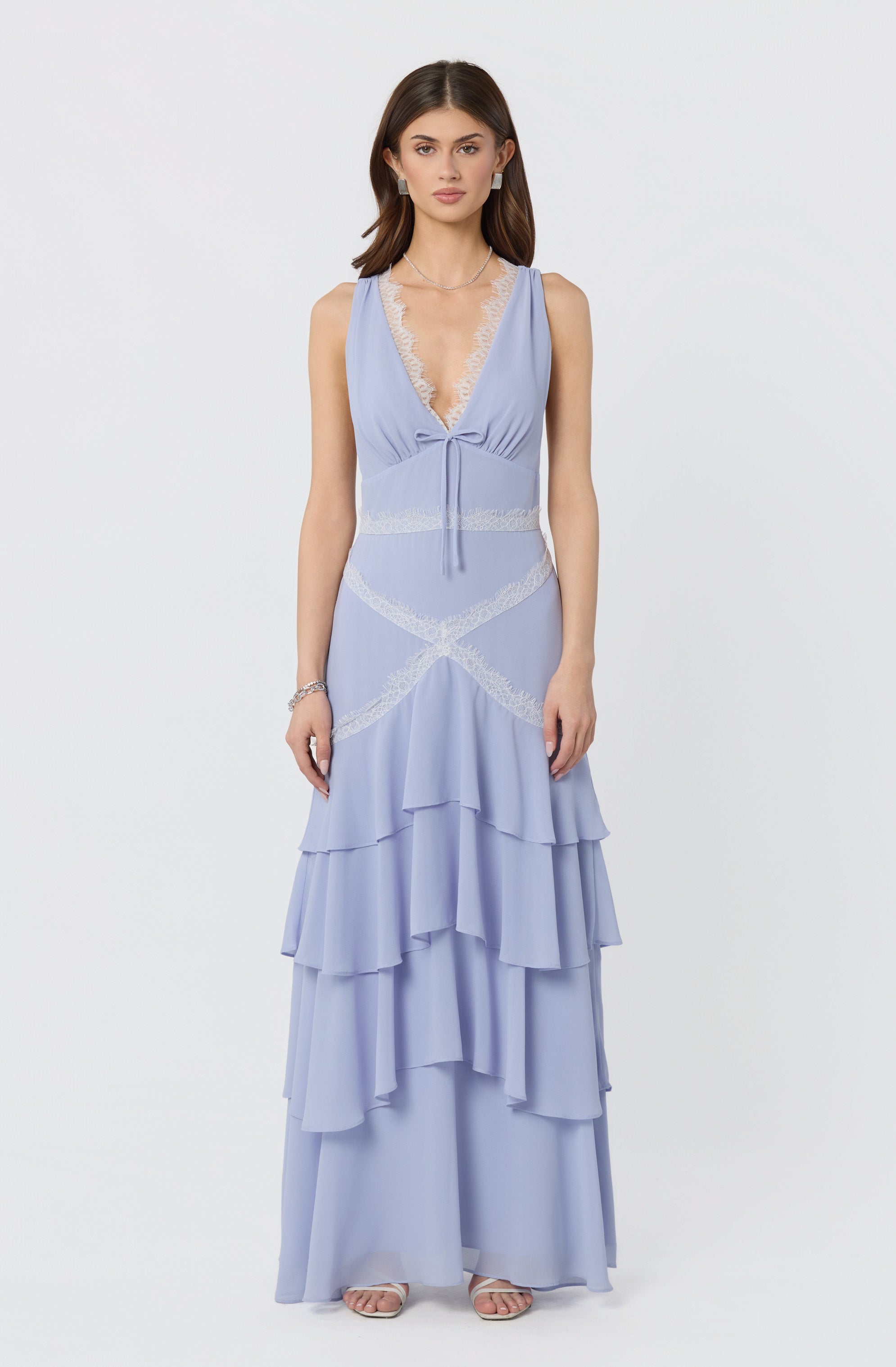 Evelyn Lace Trim Tiered Ruffle Maxi Dress