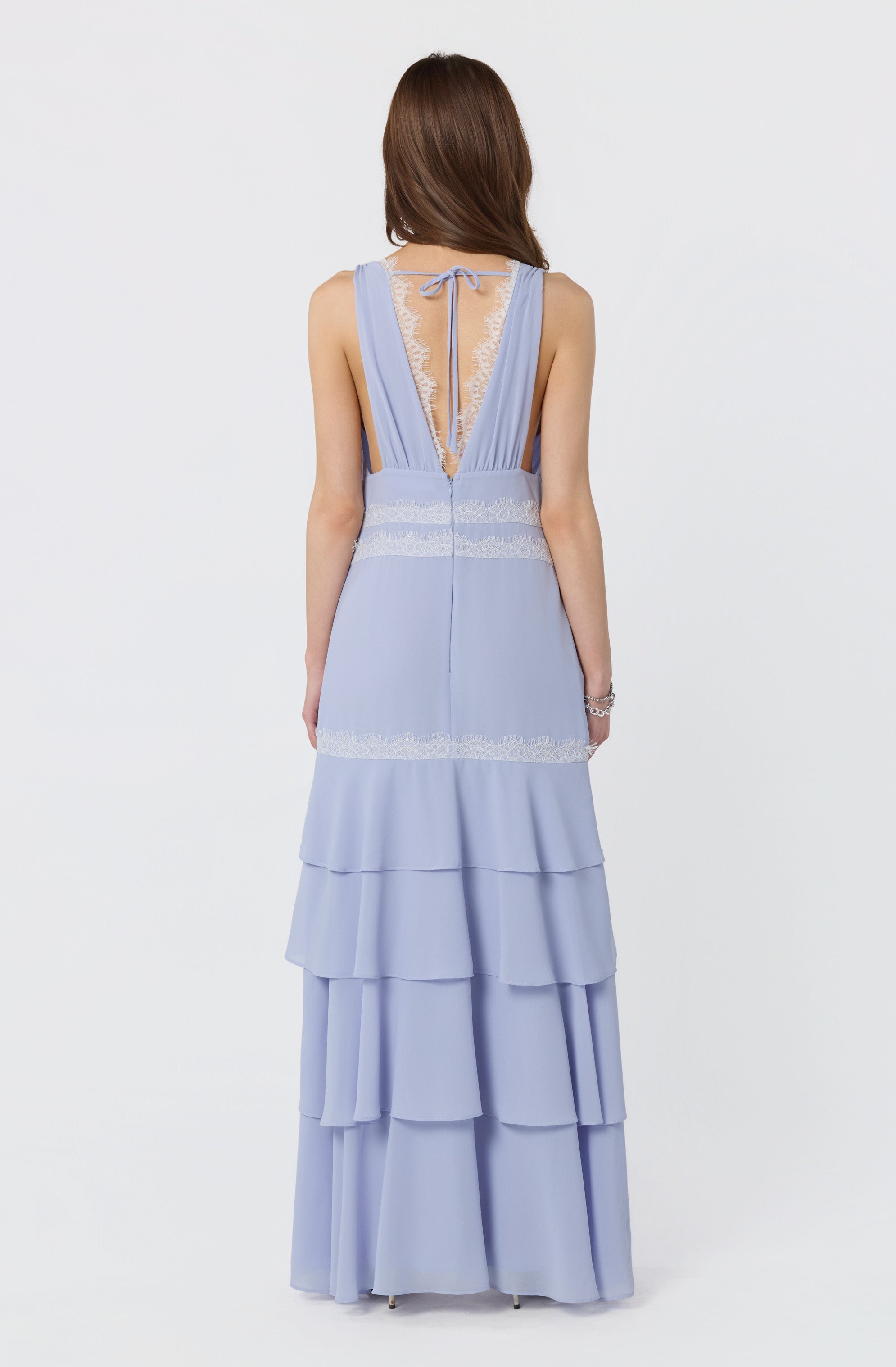 Evelyn Lace Trim Tiered Ruffle Maxi Dress
