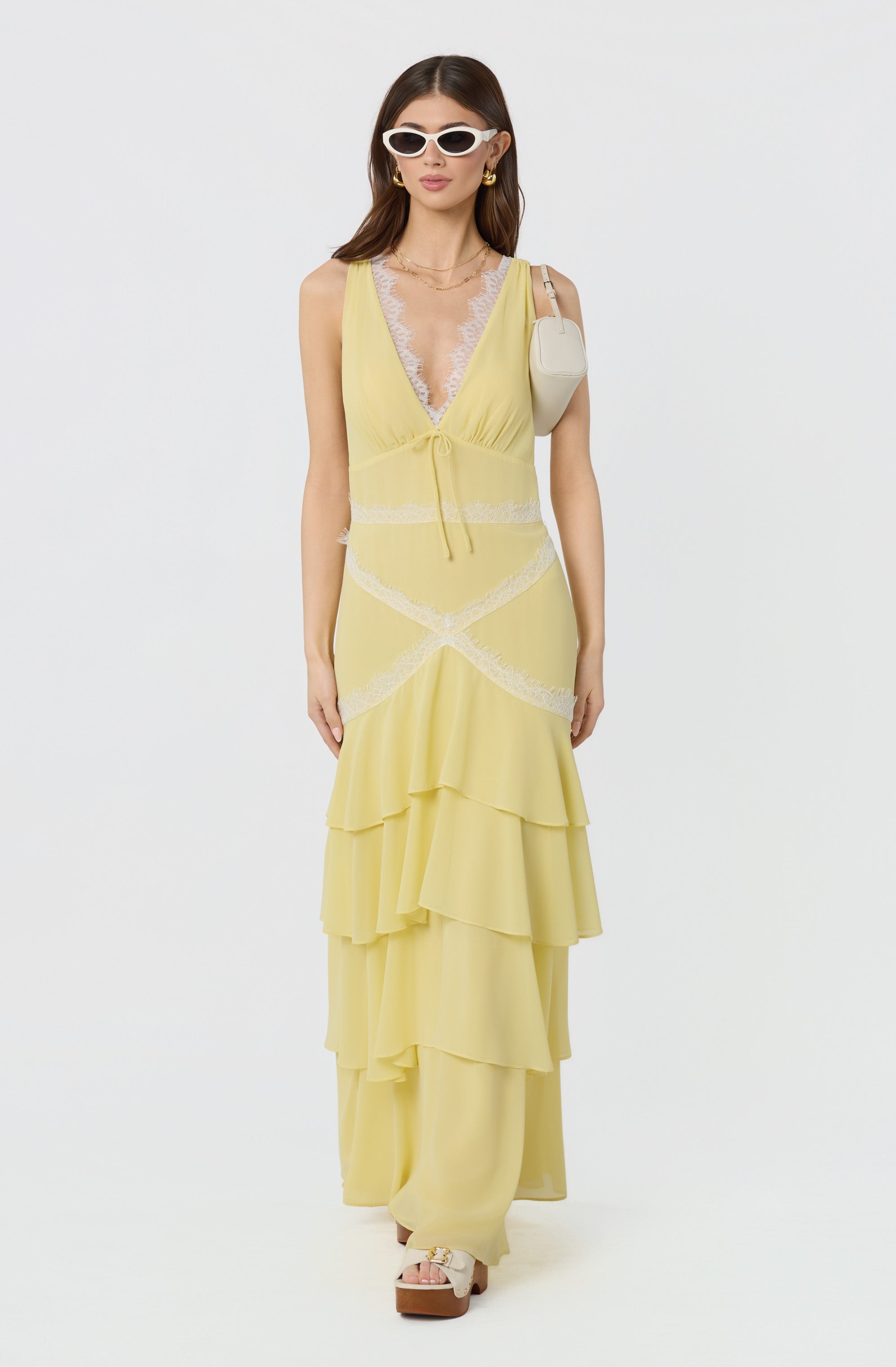 Evelyn Lace Trim Tiered Ruffle Maxi Dress