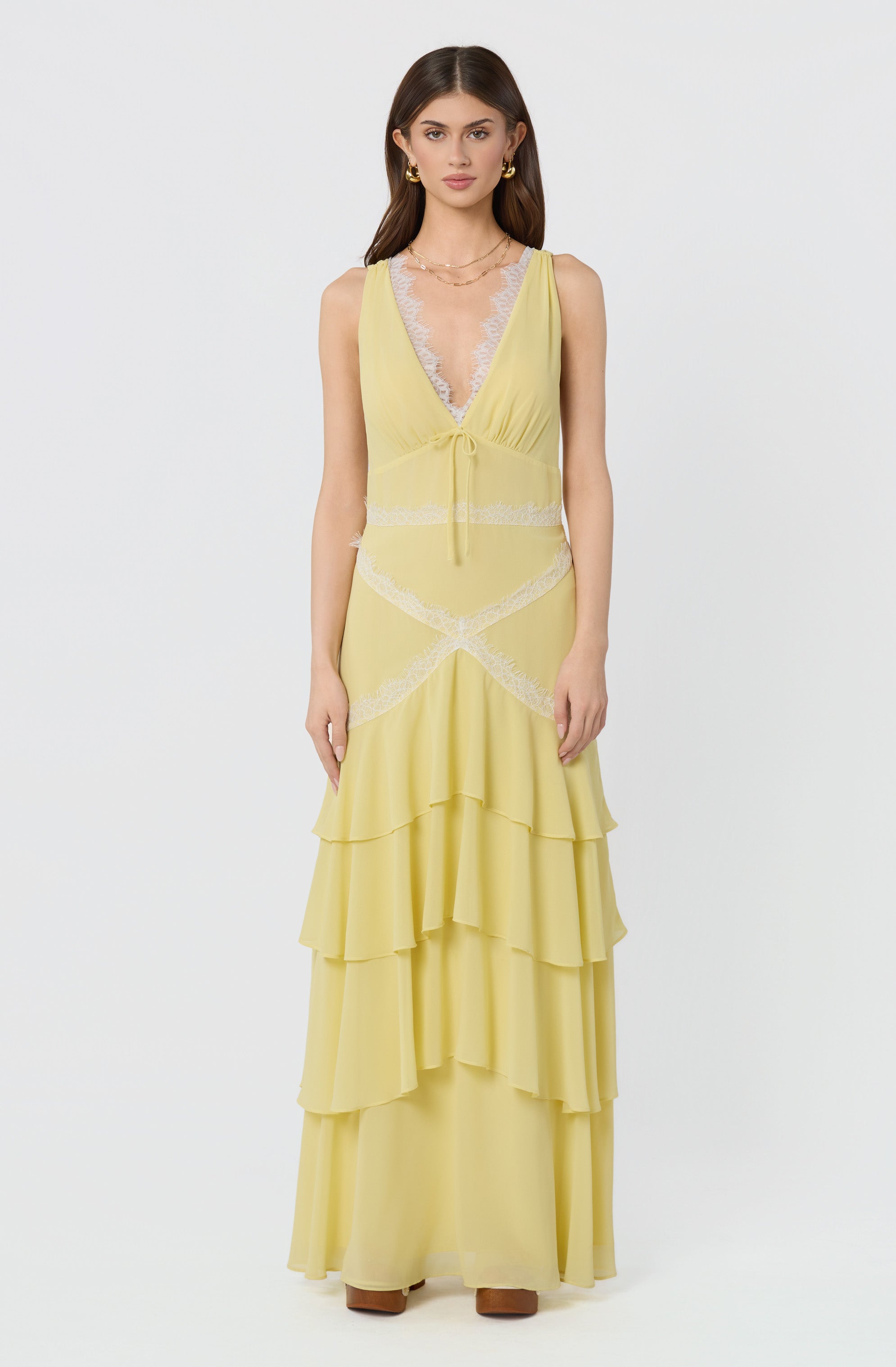 Evelyn Lace Trim Tiered Ruffle Maxi Dress