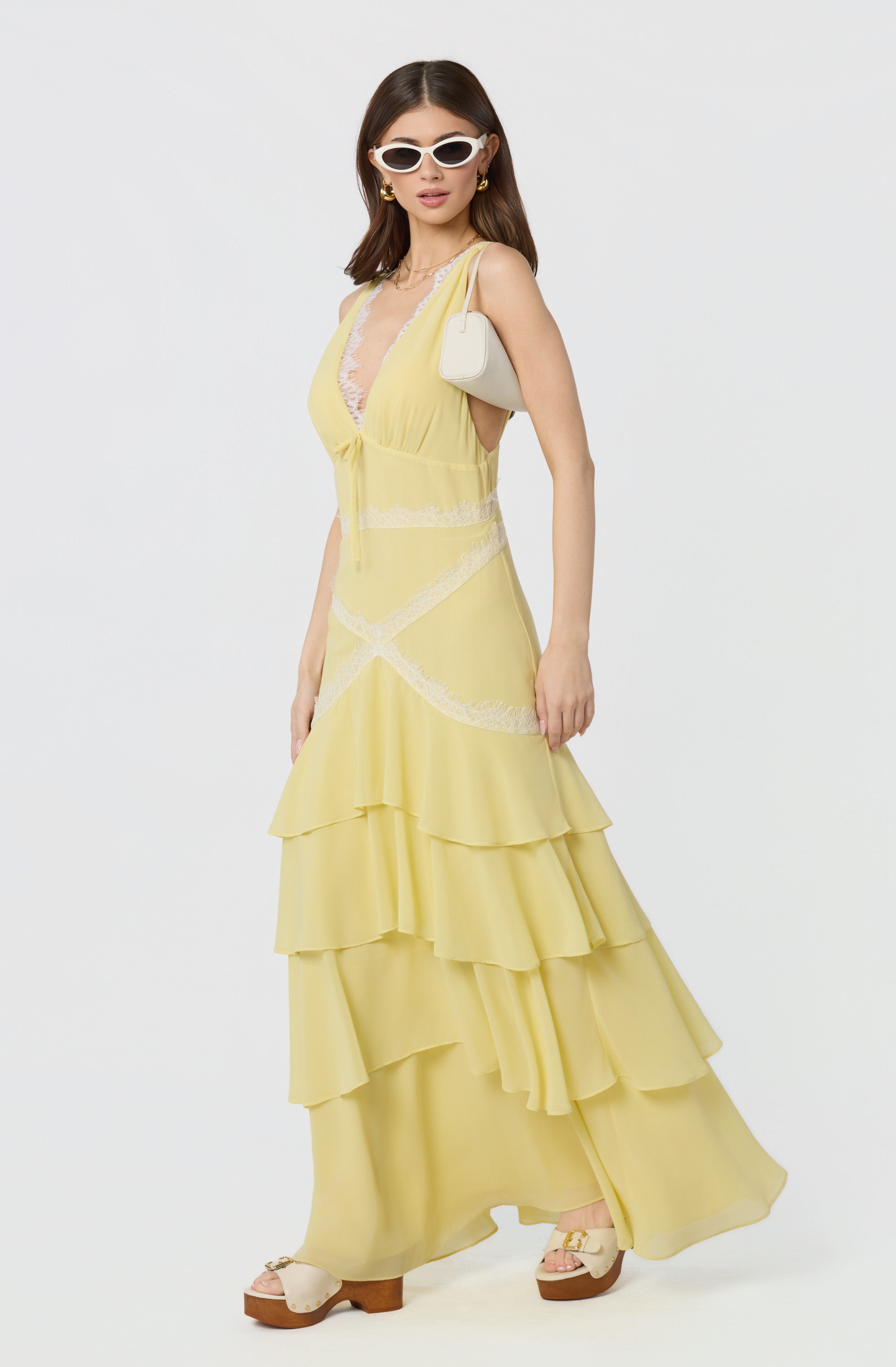 Evelyn Lace Trim Tiered Ruffle Maxi Dress