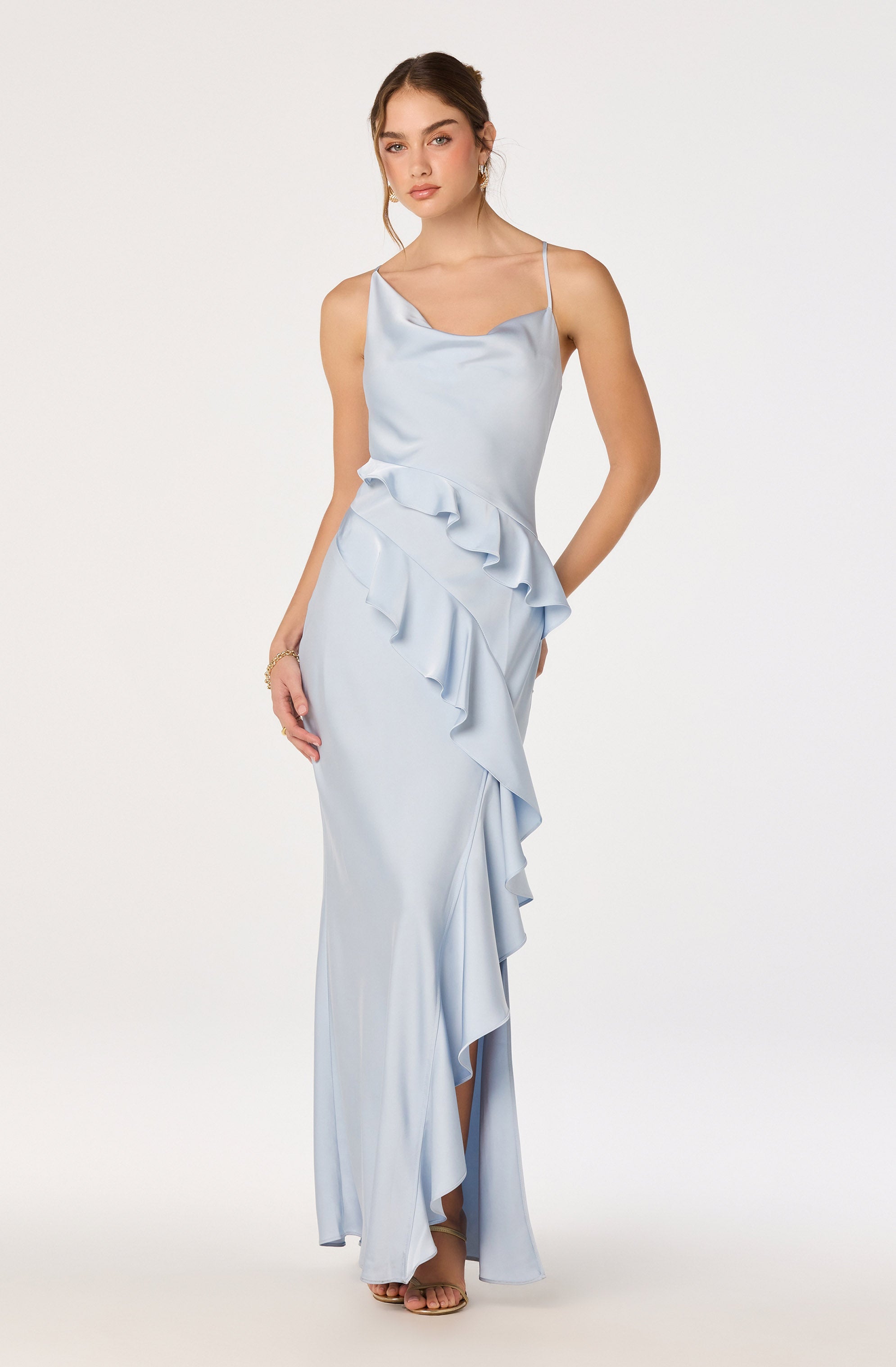 Adelina Satin Ruffle Maxi Dress