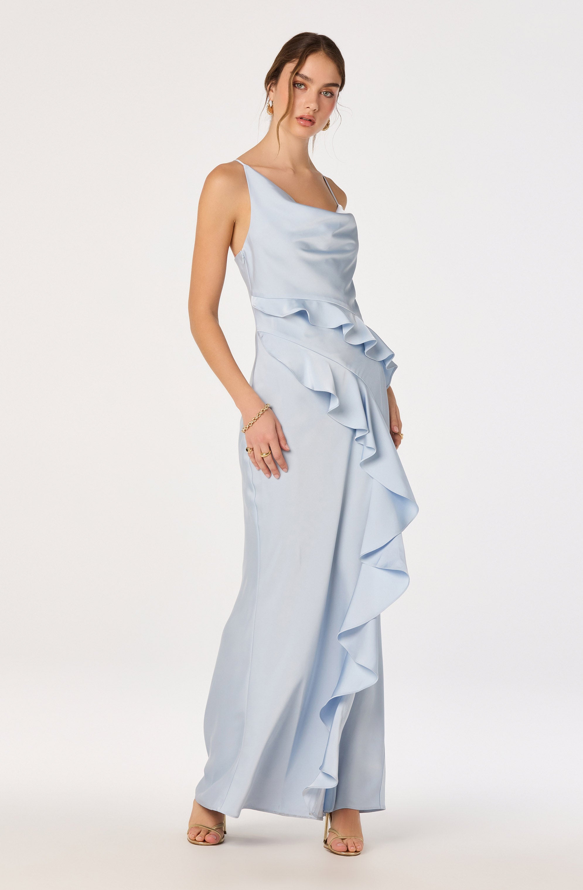 Adelina Satin Ruffle Maxi Dress