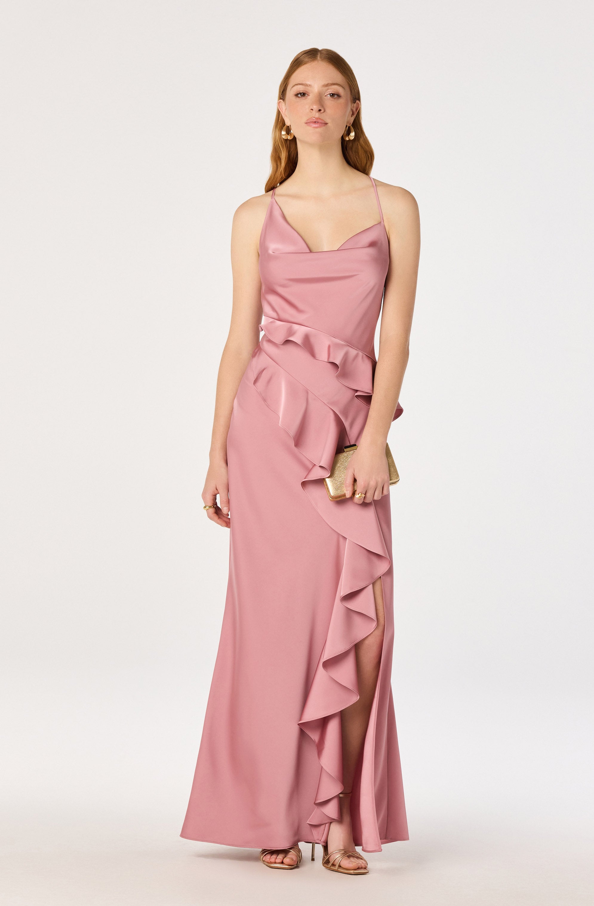 Adelina Satin Ruffle Maxi Dress