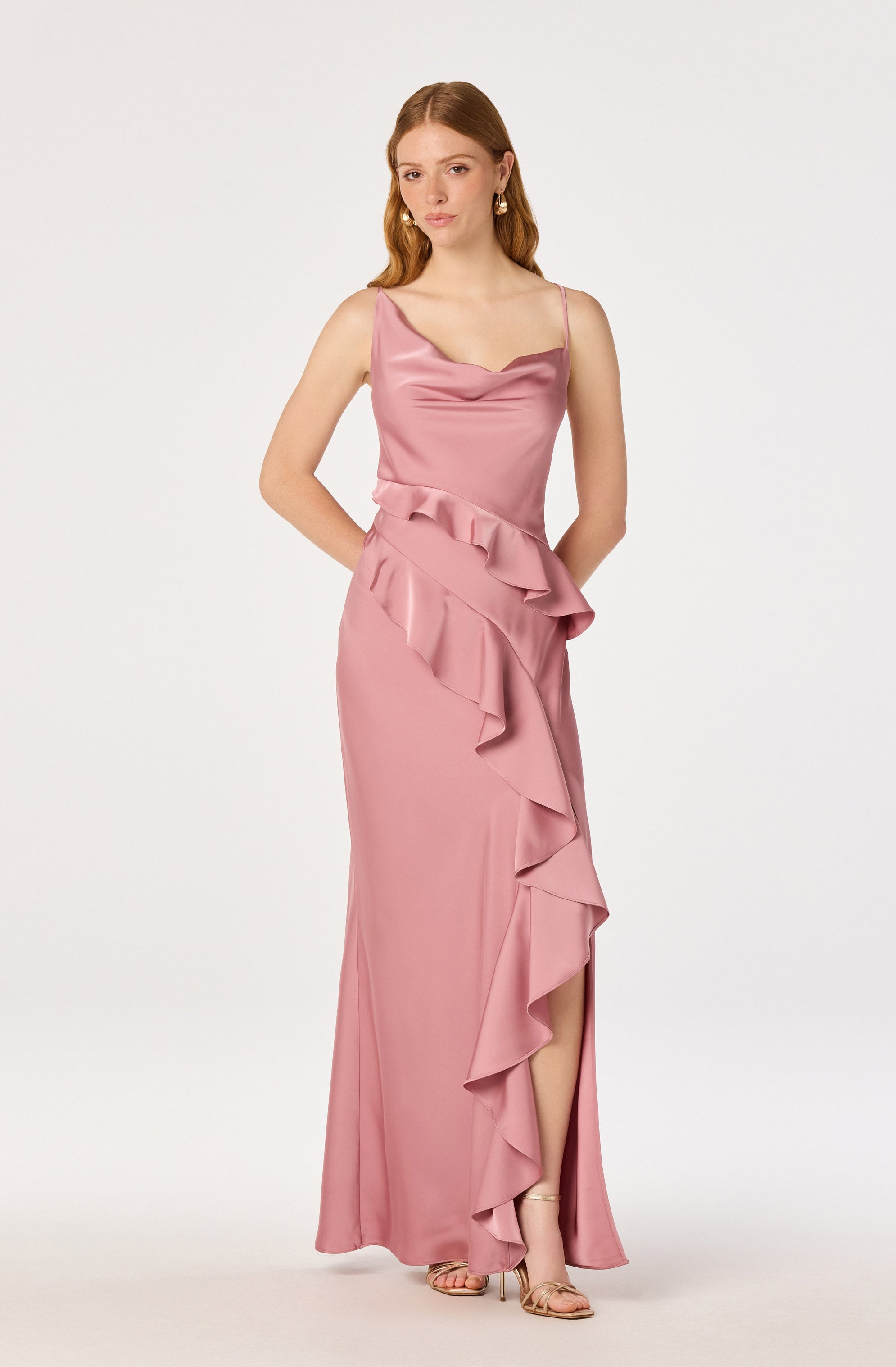 Adelina Satin Ruffle Maxi Dress