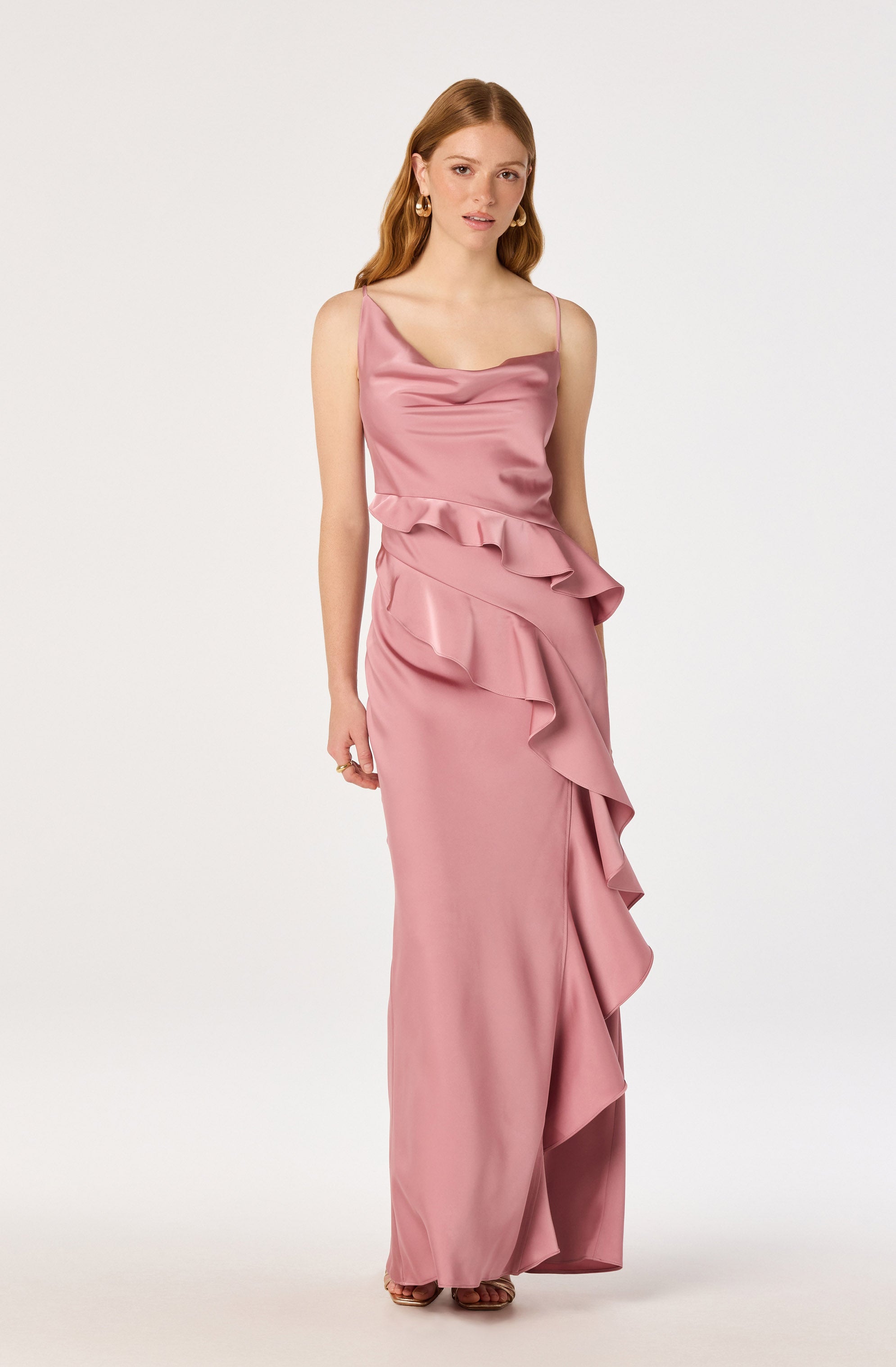Adelina Satin Ruffle Maxi Dress