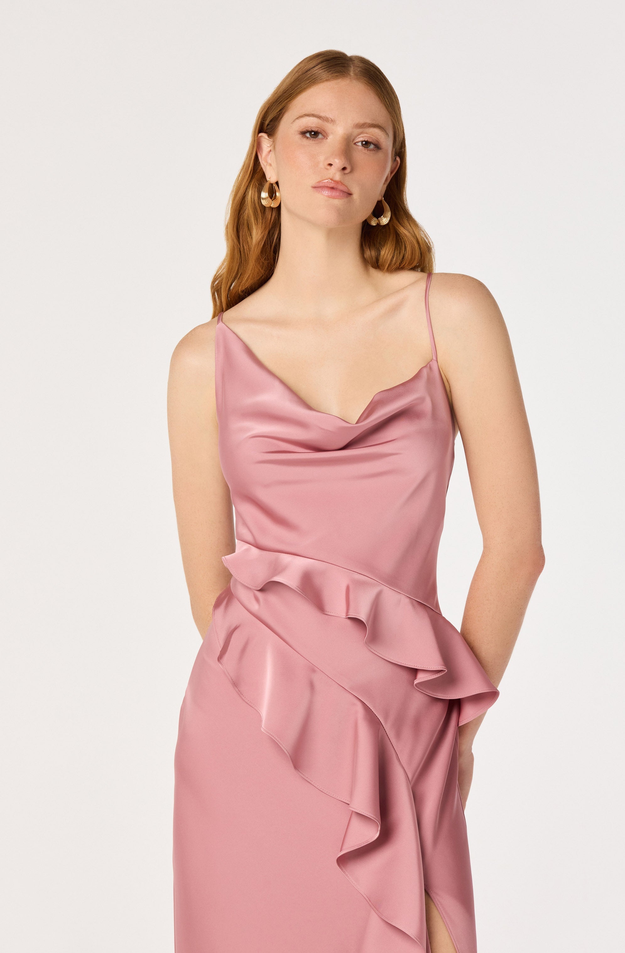 Adelina Satin Ruffle Maxi Dress