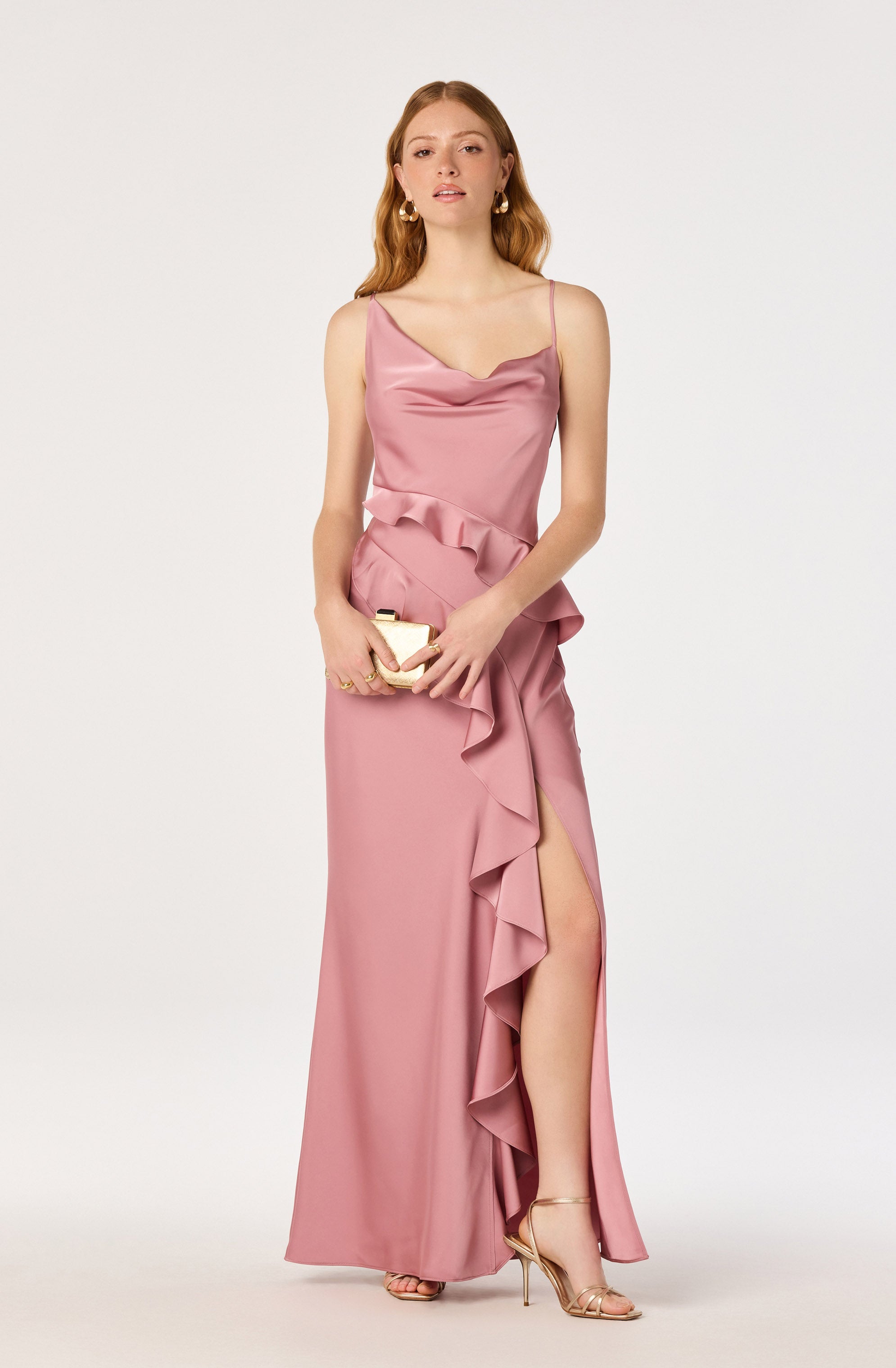 Adelina Satin Ruffle Maxi Dress