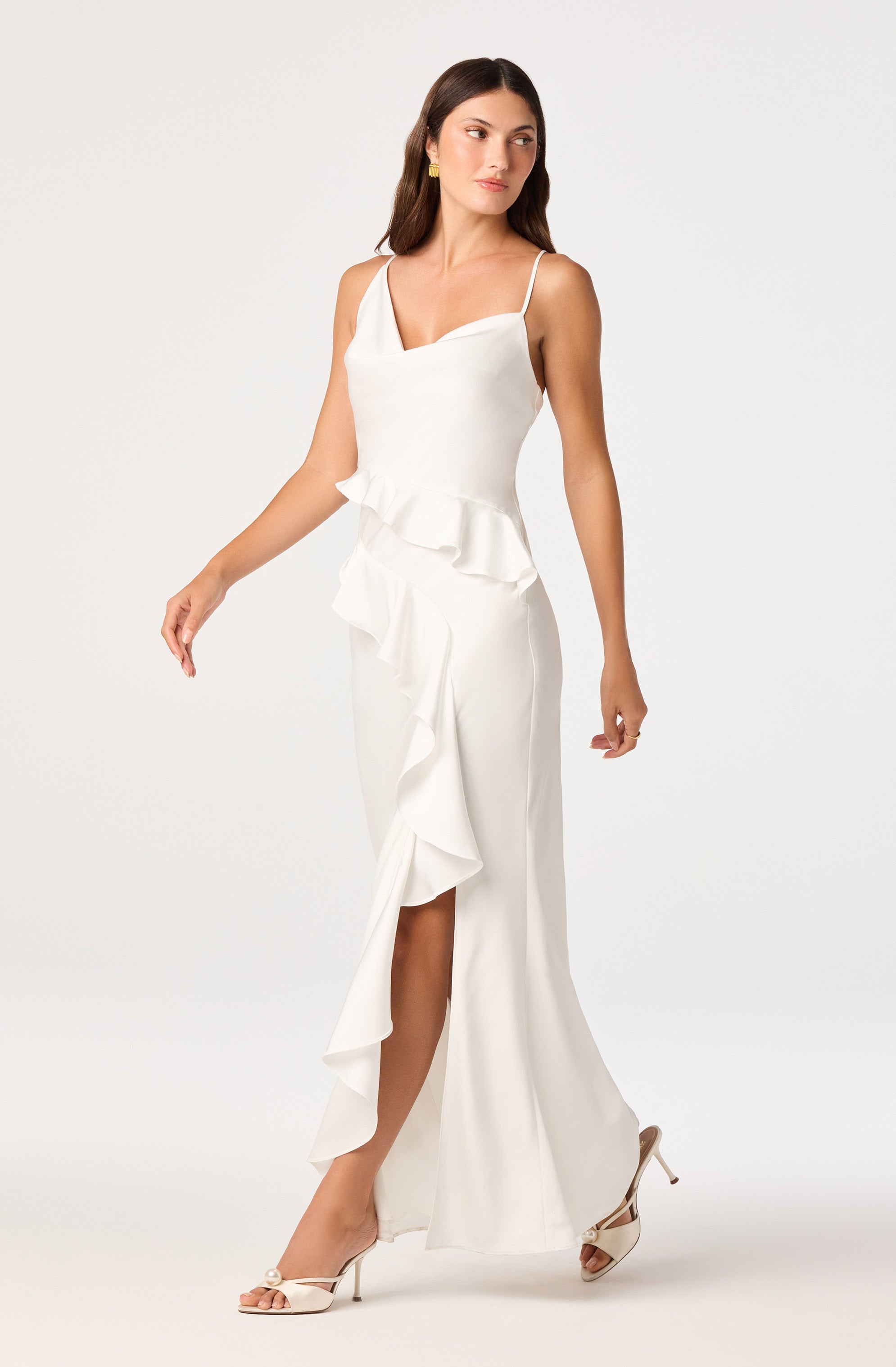 Adelina Satin Ruffle Maxi Dress