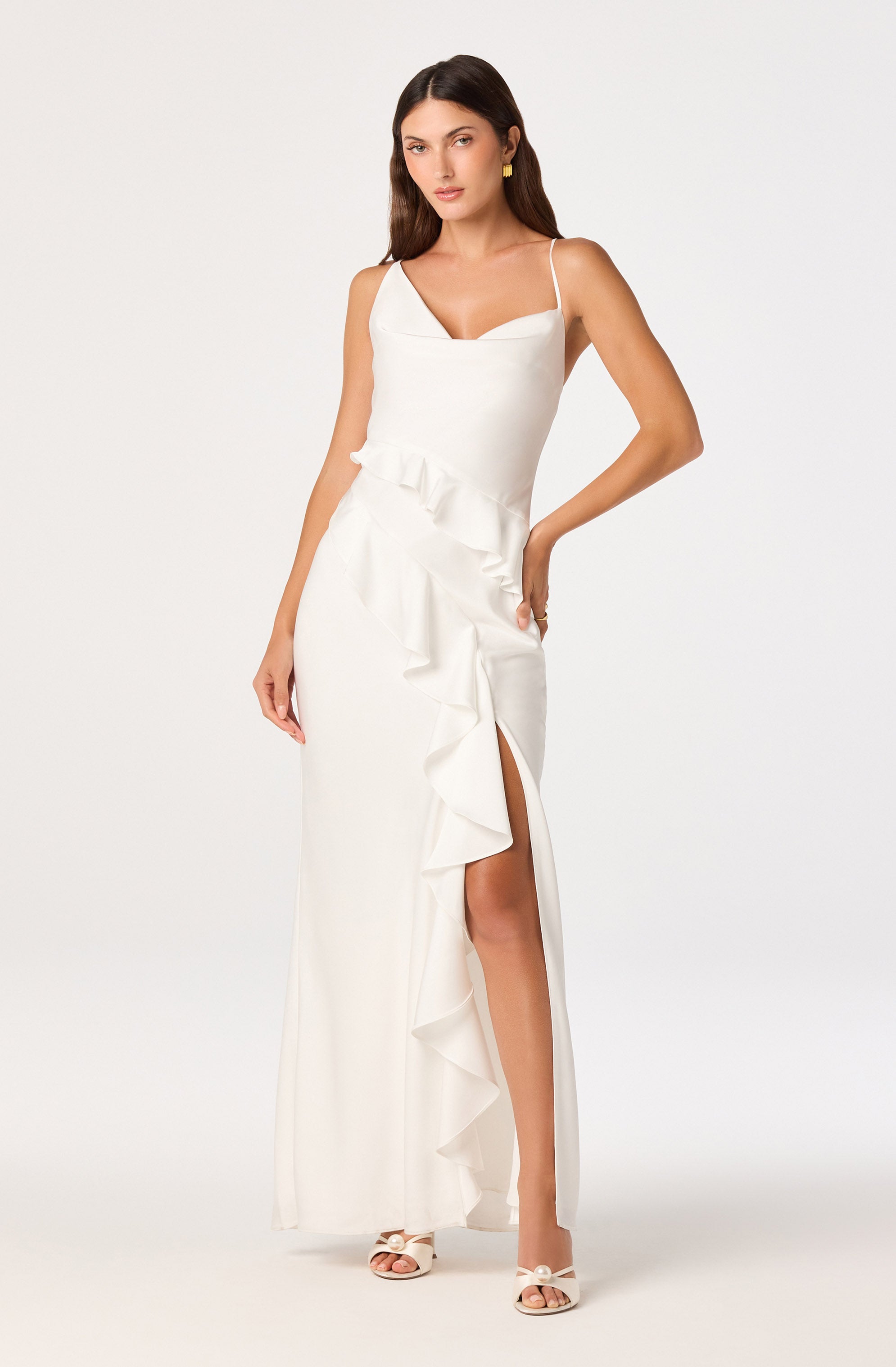 Adelina Satin Ruffle Maxi Dress