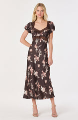 Almandina Puff Sleeve Satin Midi Dress