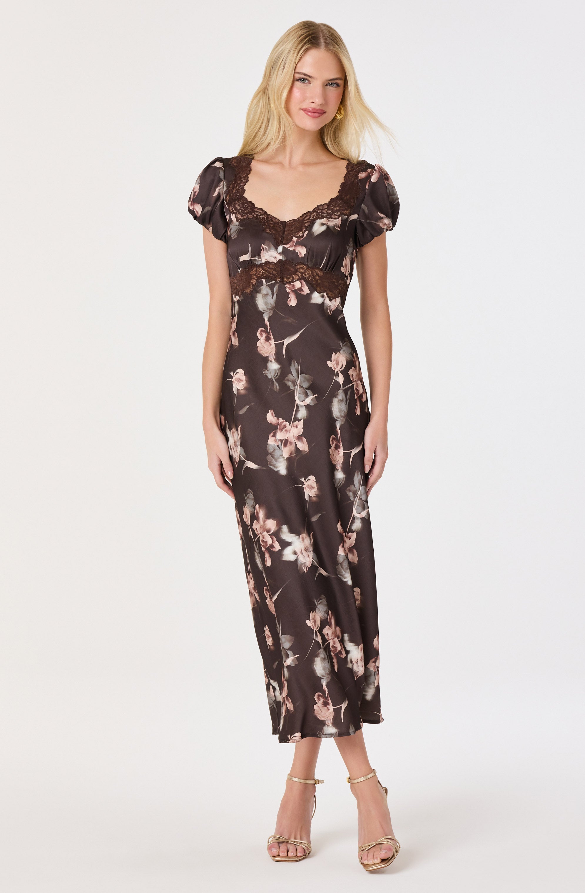 Almandina Puff Sleeve Satin Midi Dress