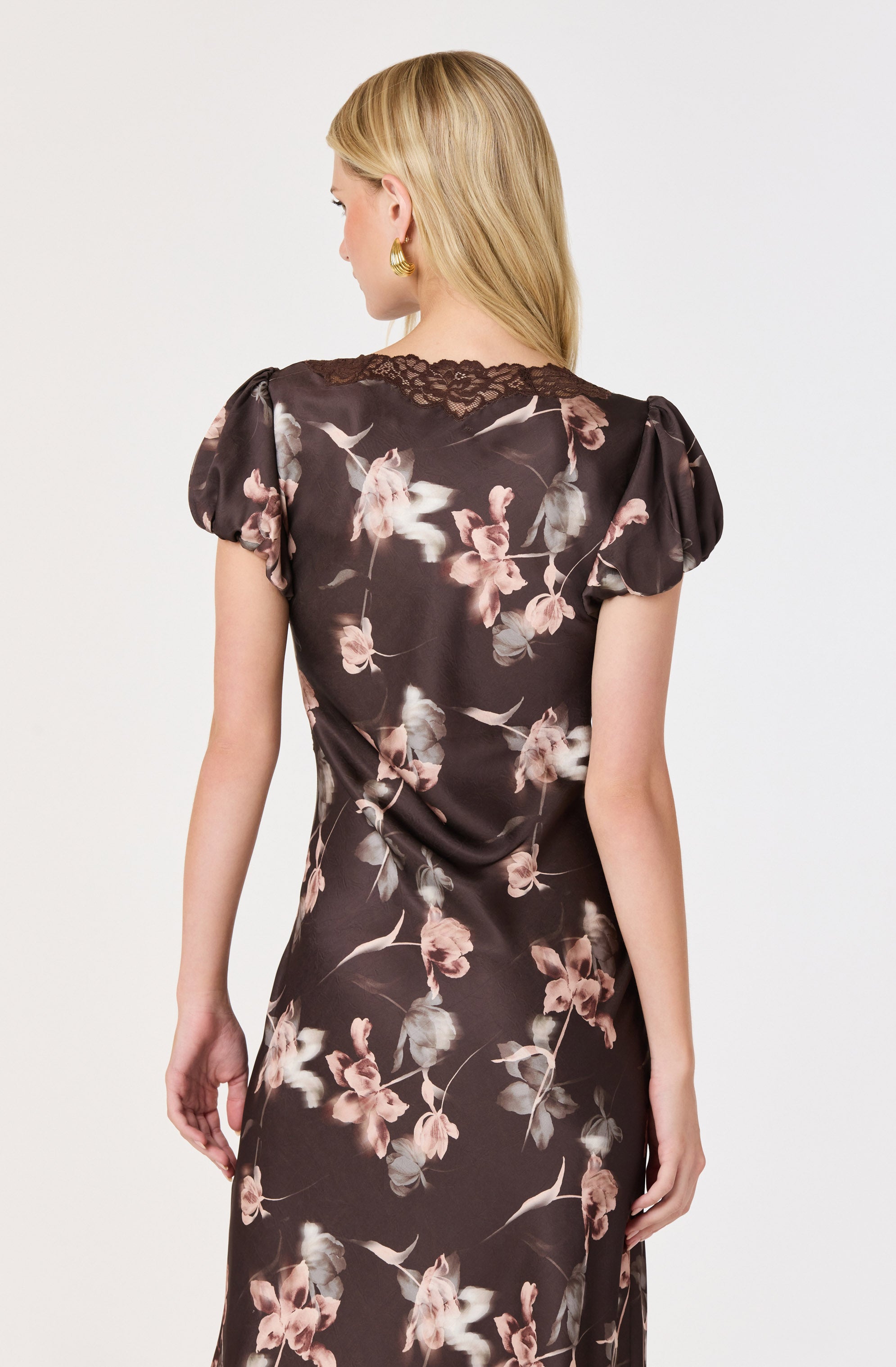 Almandina Puff Sleeve Satin Midi Dress