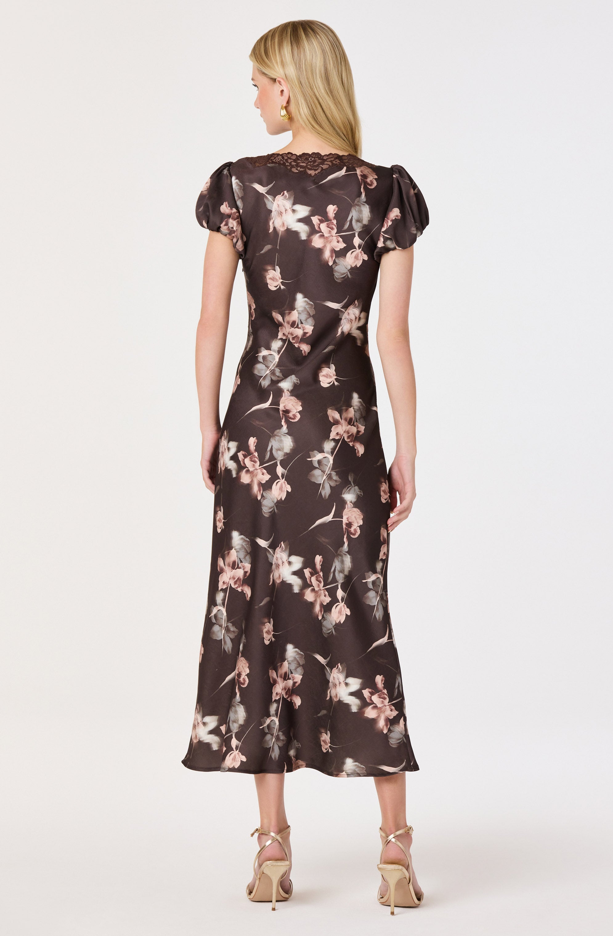Almandina Puff Sleeve Satin Midi Dress