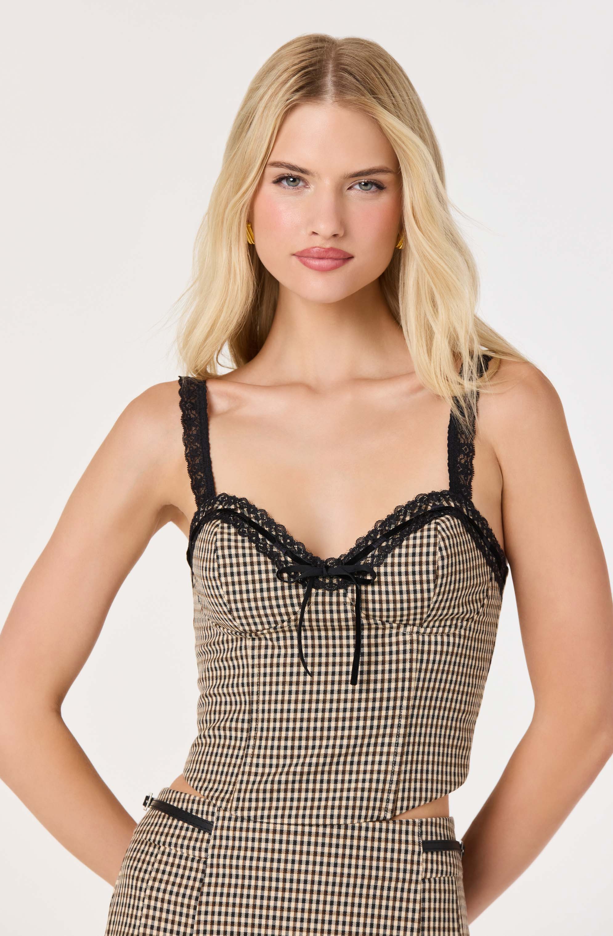 Gingham Lace Trim Bustier Top