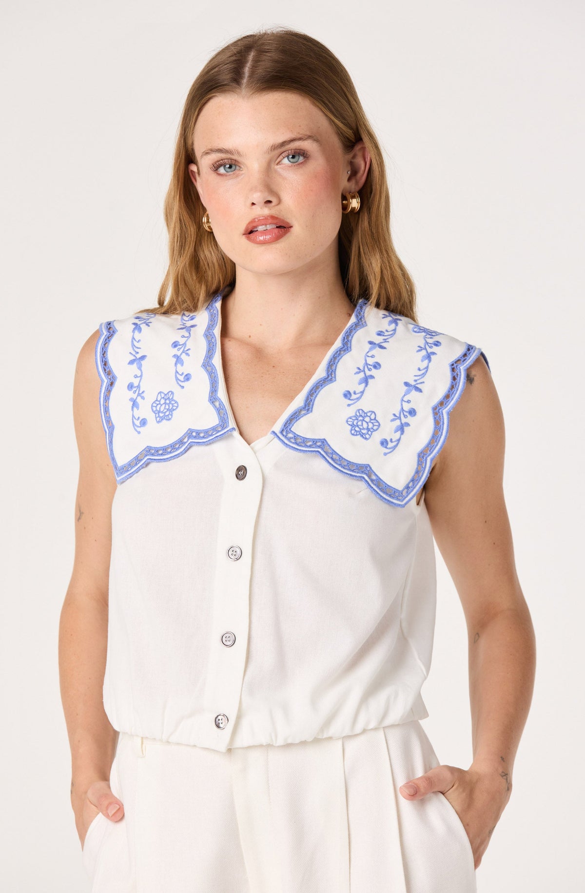 Corinne Embroidered Sailor Collar Top