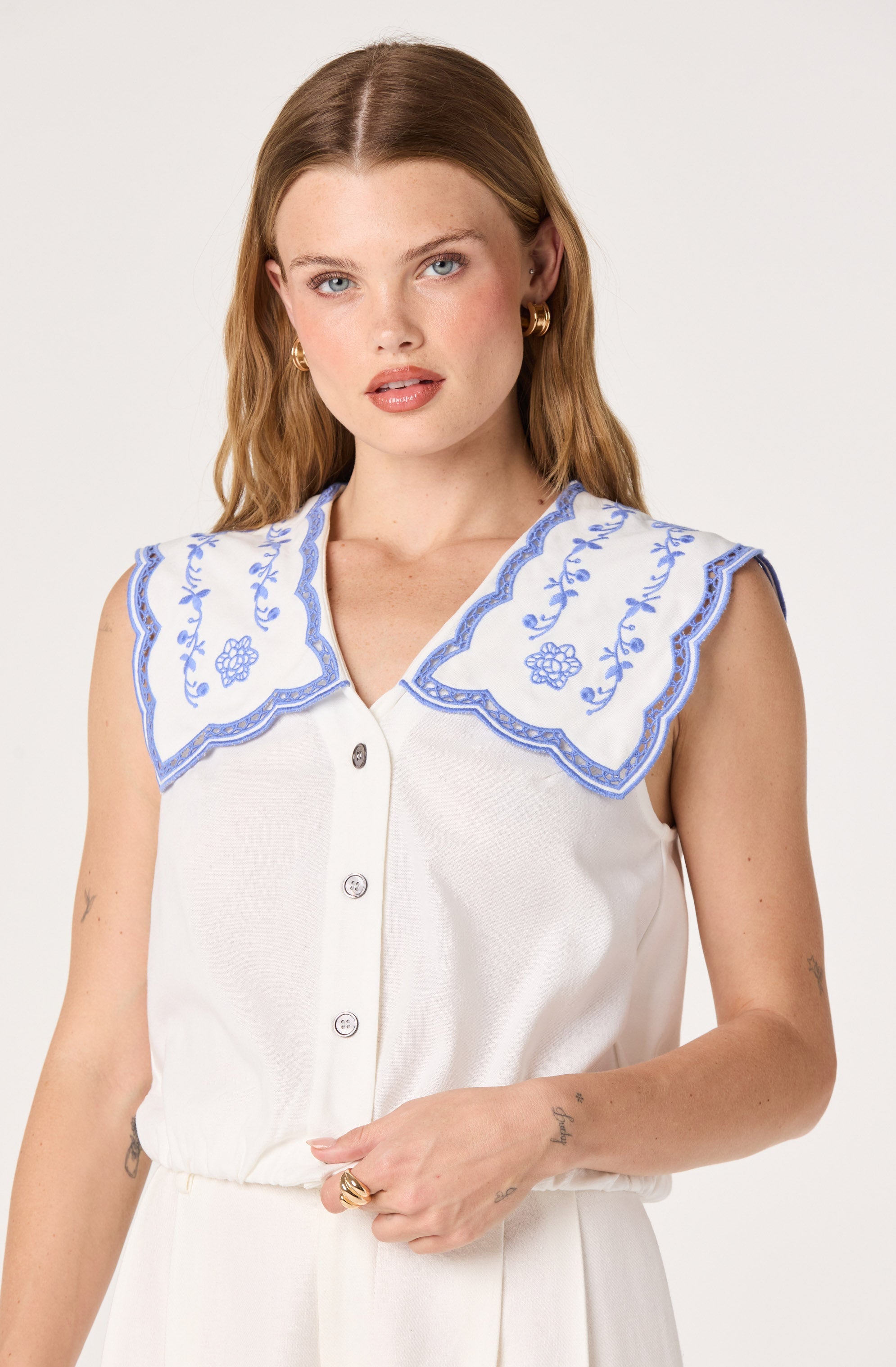 Corinne Embroidered Sailor Collar Top