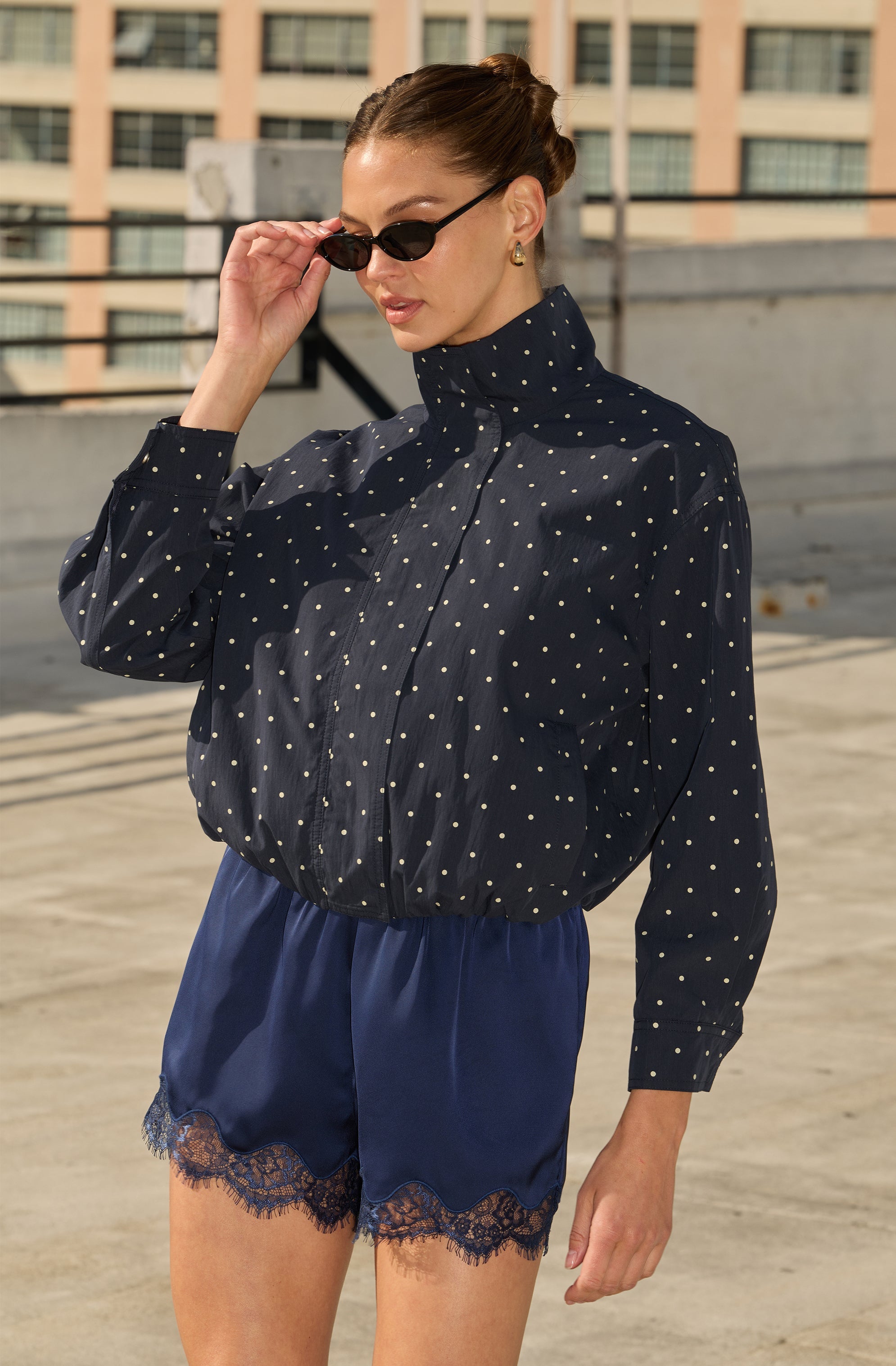 Cooper Polka Dot Funnel Neck Bomber Jacket