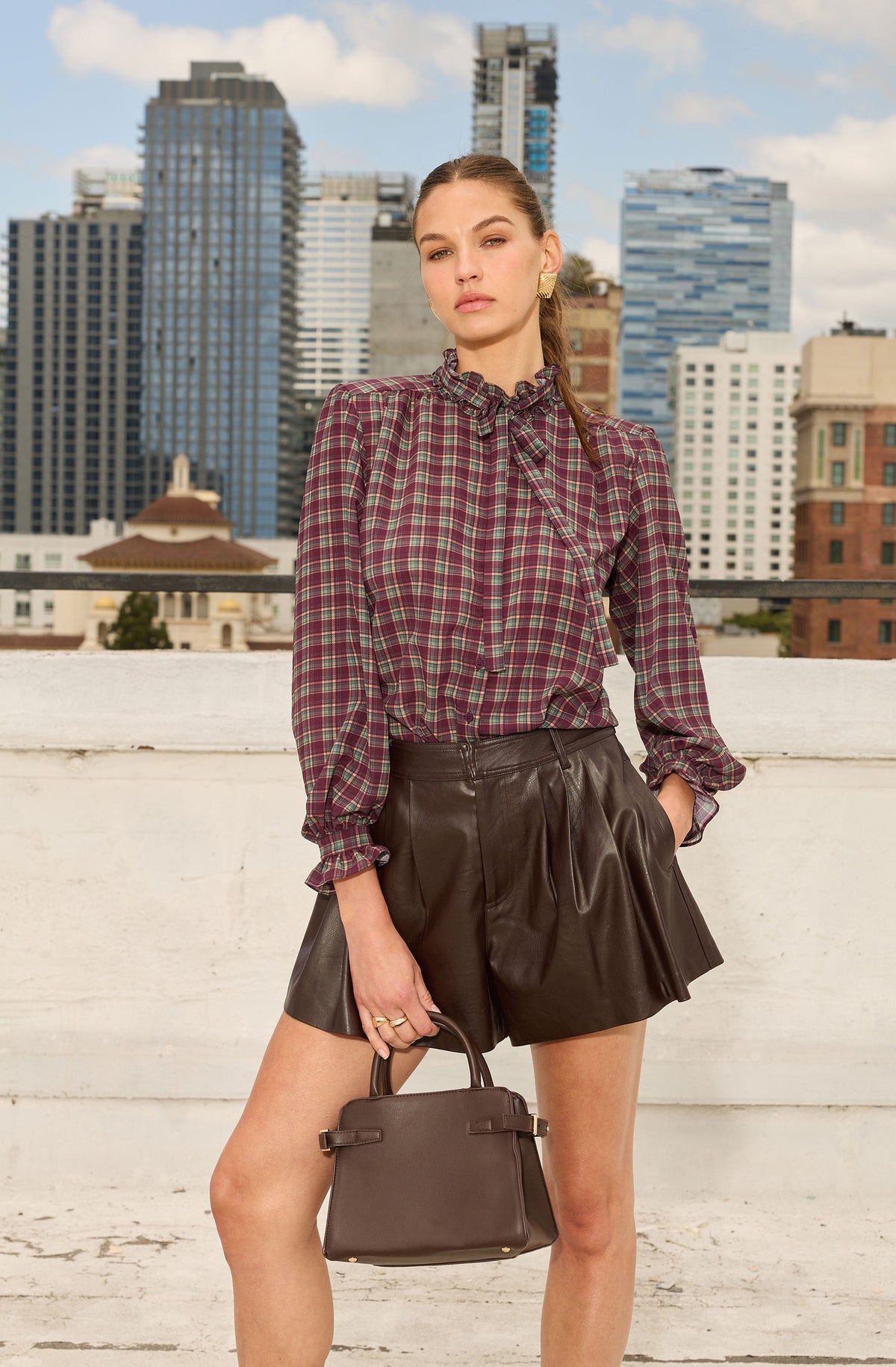 Alyssa Plaid Ruffle-Collar Blouse